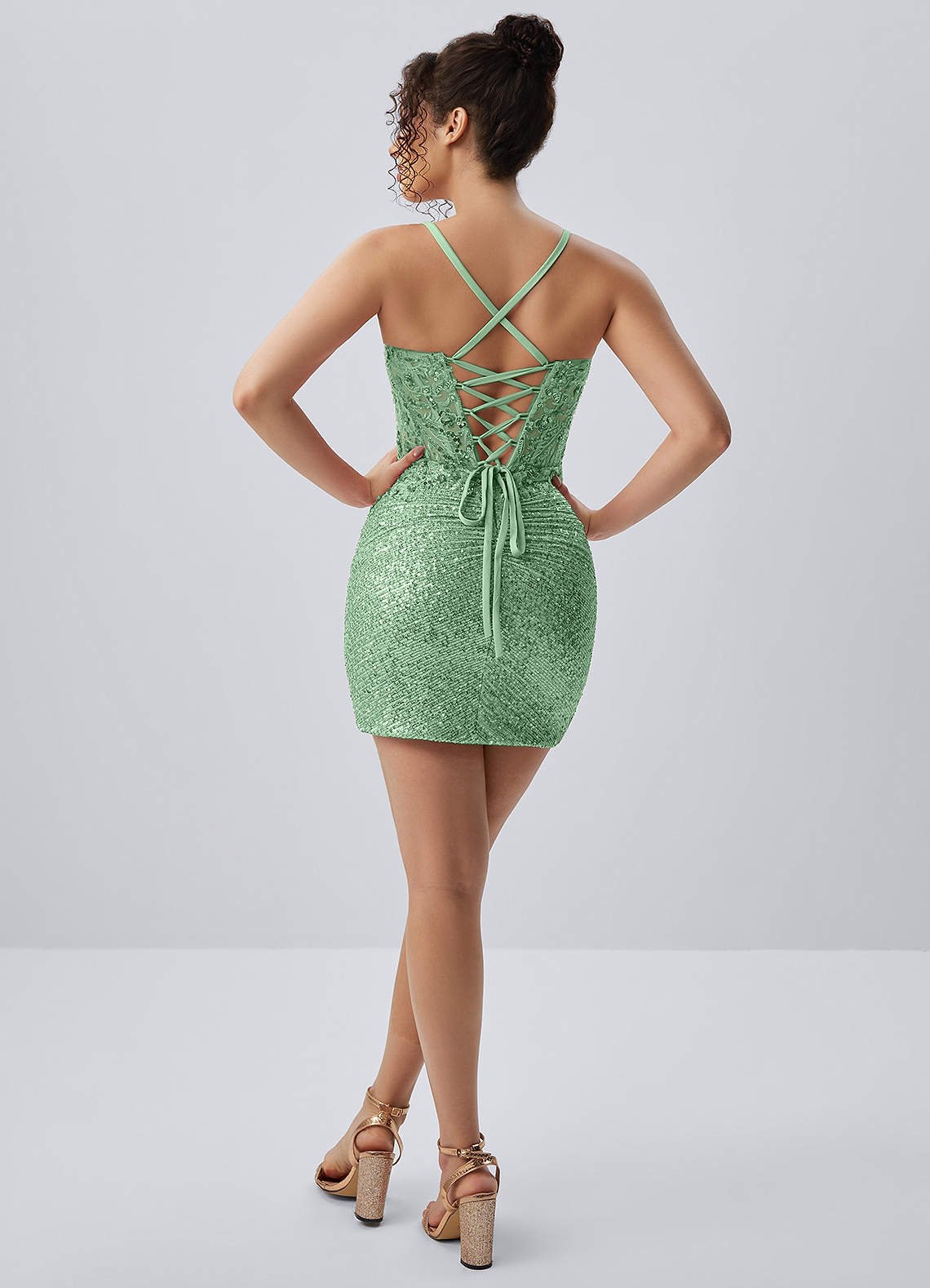 Milleca Mini Corset Ruched Sequined Stretch Mesh Prom Dress in Sage