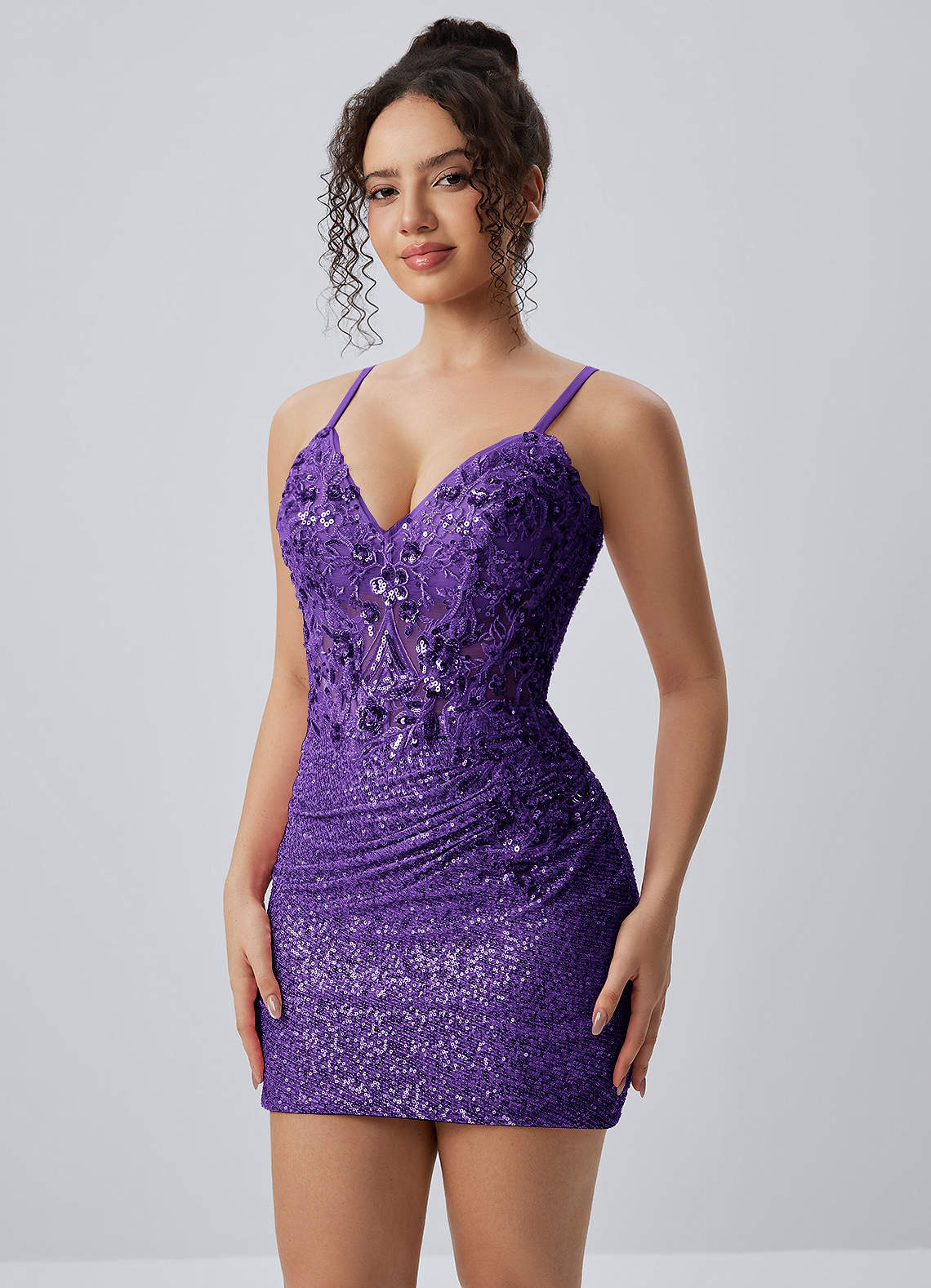 Milleca Mini Corset Ruched Sequined Stretch Mesh Prom Dress in Dark Purple