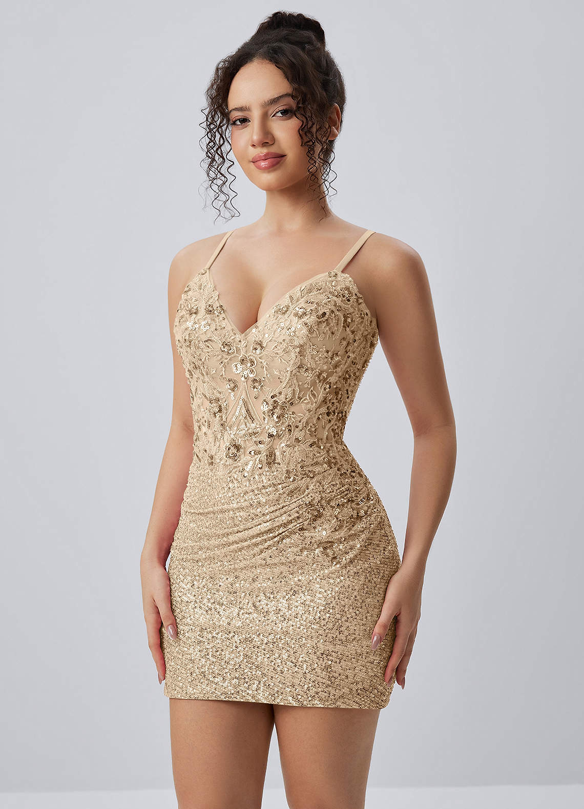 Milleca Mini Corset Ruched Sequined Stretch Mesh Prom Dress in champagne