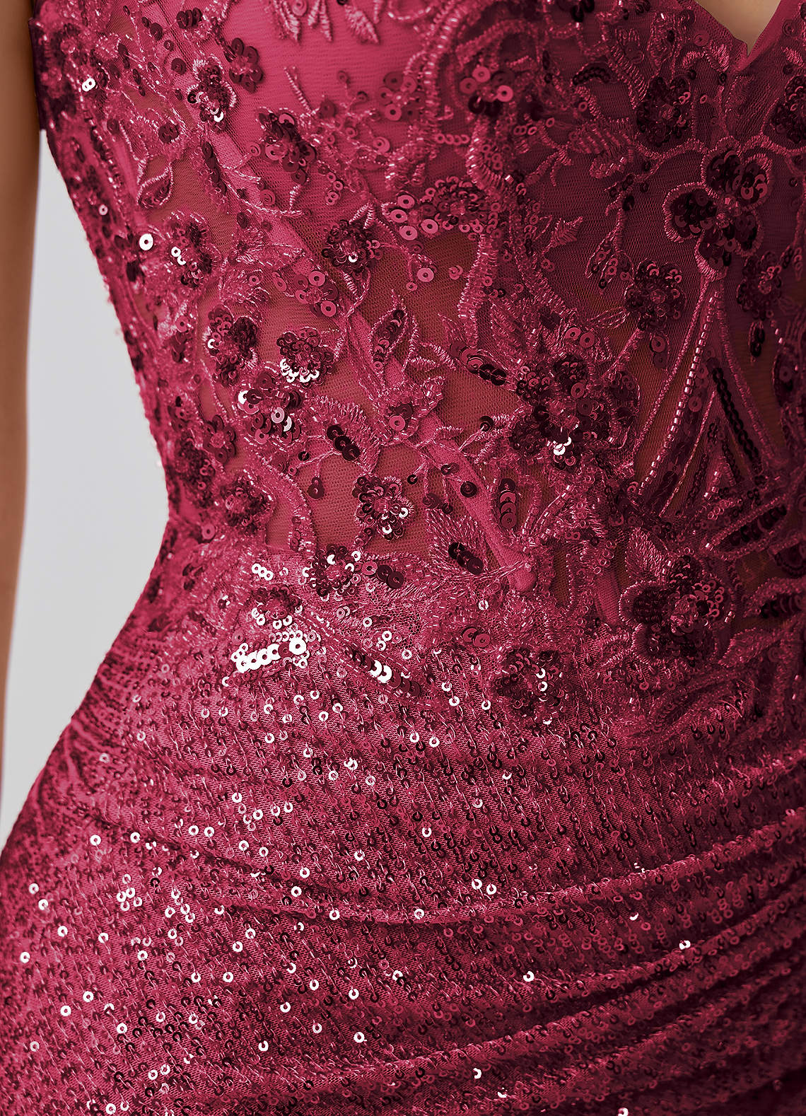 Milleca Mini Corset Ruched Sequined Stretch Mesh Prom Dress in Burgundy