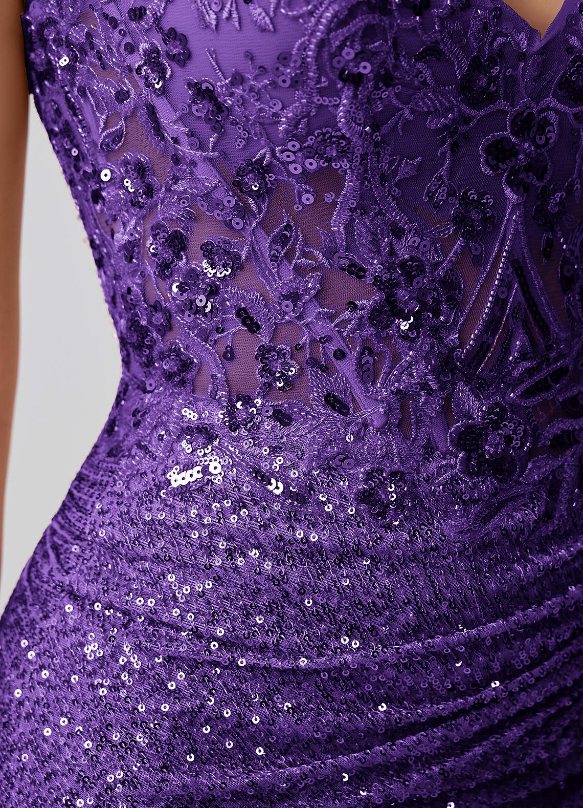 Milleca Mini Corset Ruched Sequined Stretch Mesh Prom Dress in Dark Purple