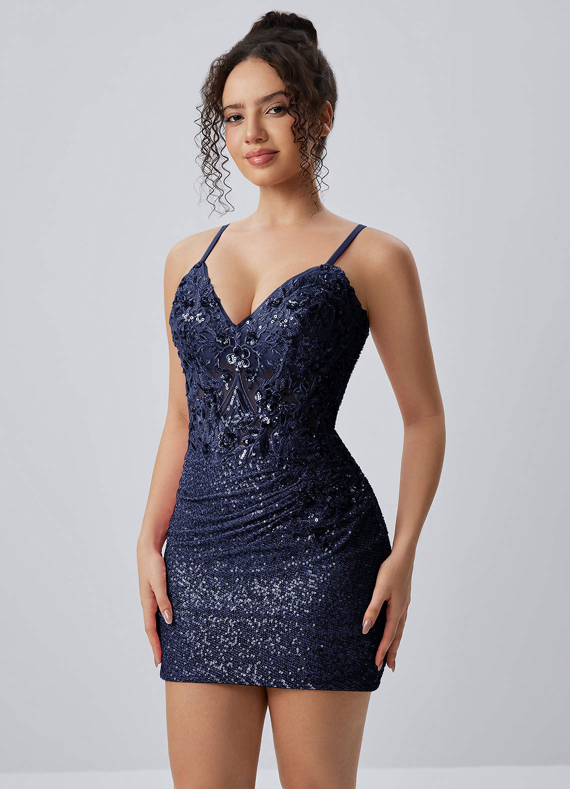Milleca Mini Corset Ruched Sequined Stretch Mesh Prom Dress in Navy