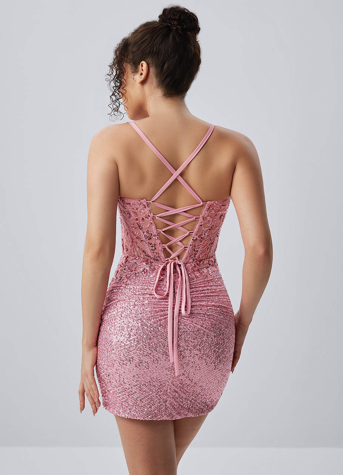 Milleca Mini Corset Ruched Sequined Stretch Mesh Prom Dress in pink