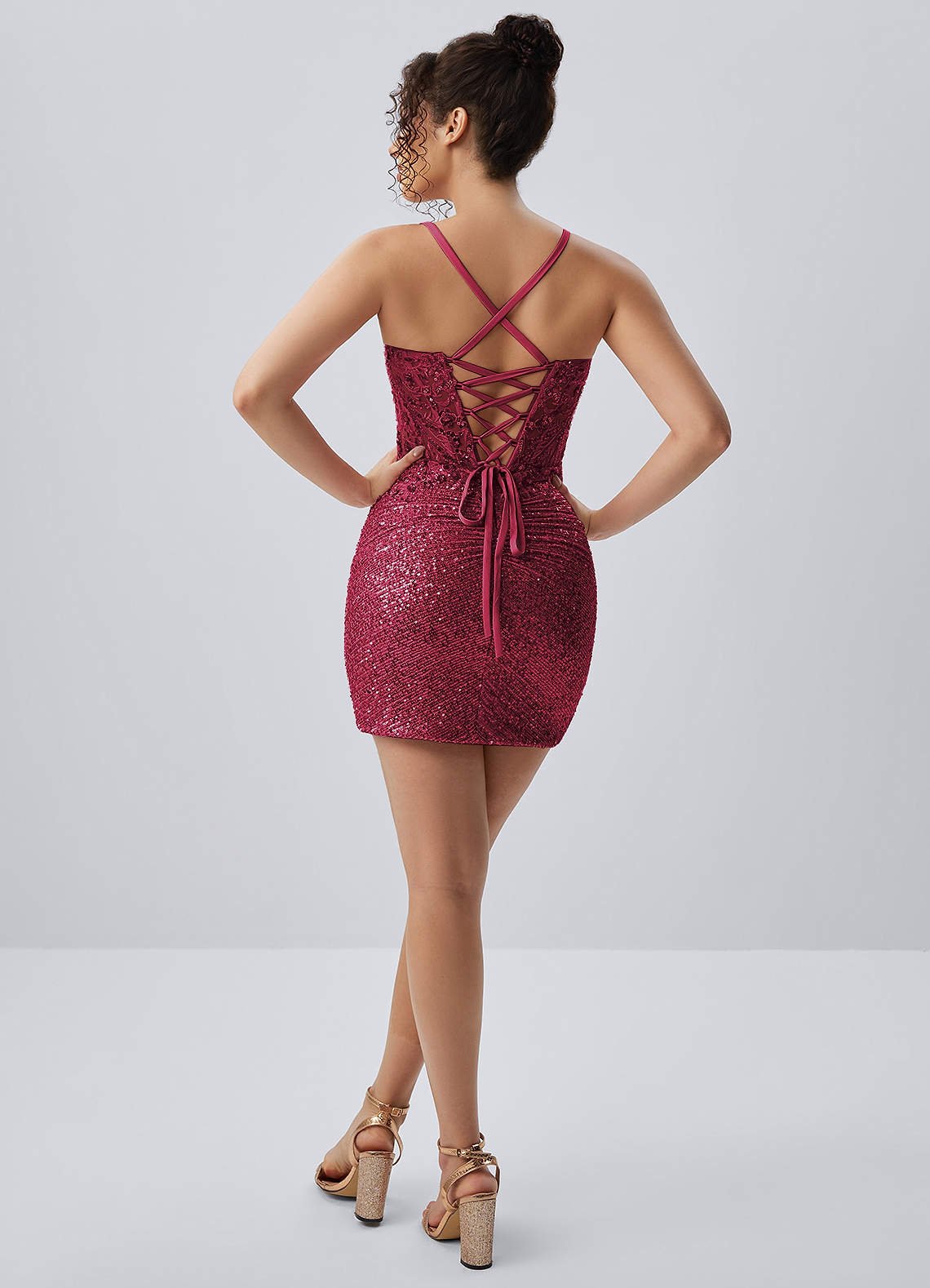 Milleca Mini Corset Ruched Sequined Stretch Mesh Prom Dress in Burgundy