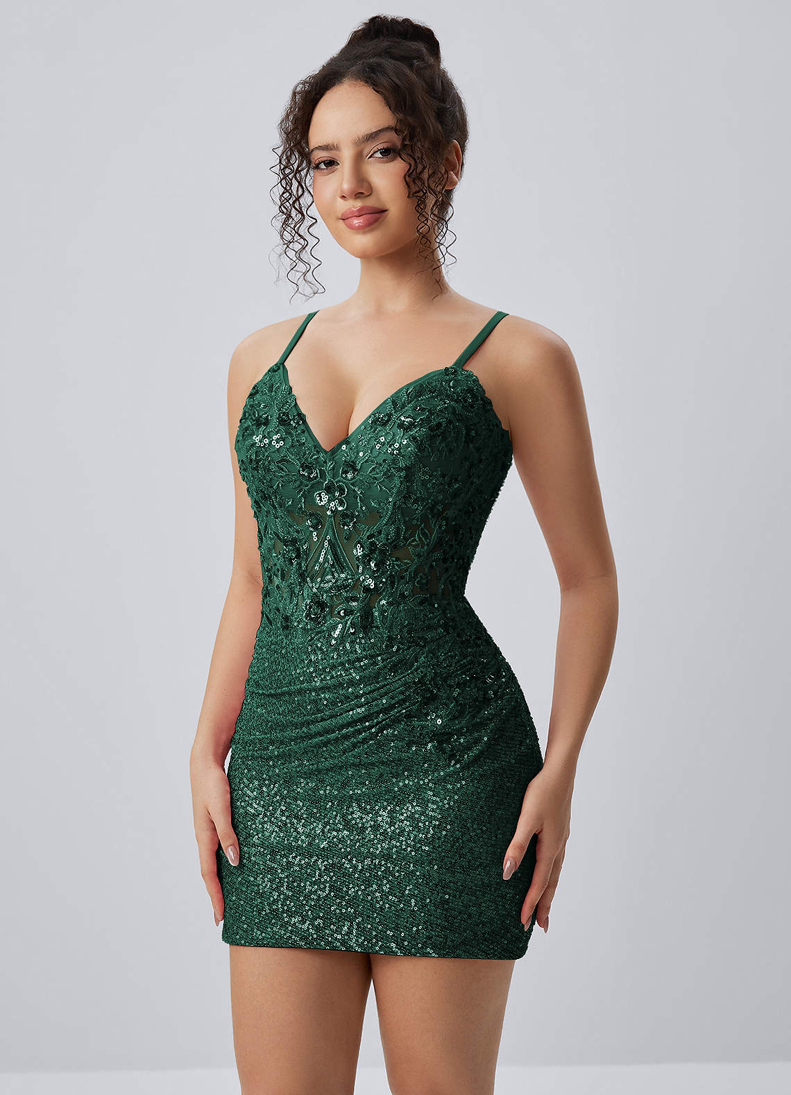 Milleca Mini Corset Ruched Sequined Stretch Mesh Prom Dress in green