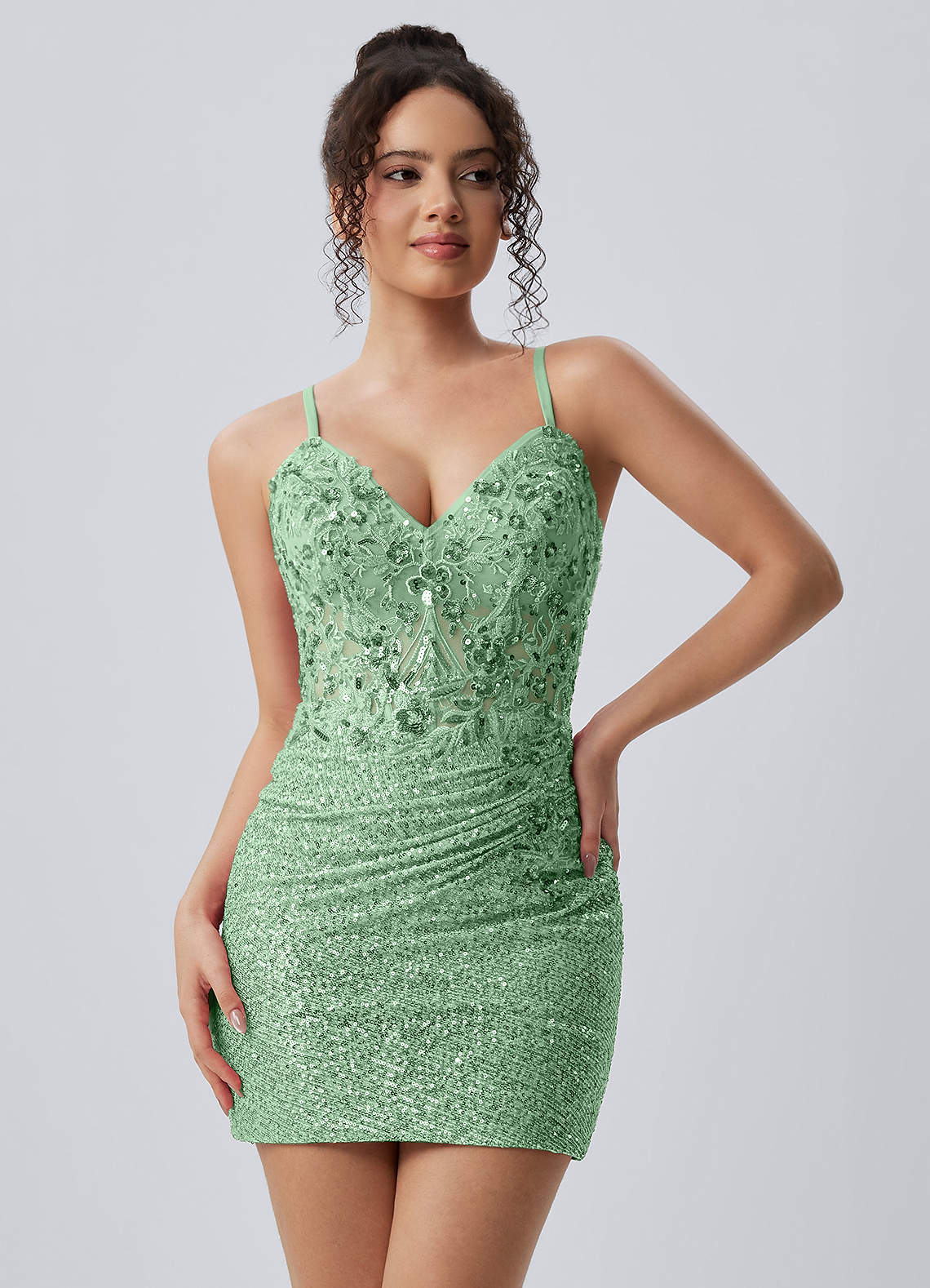 Milleca Mini Corset Ruched Sequined Stretch Mesh Prom Dress in Dark Purple