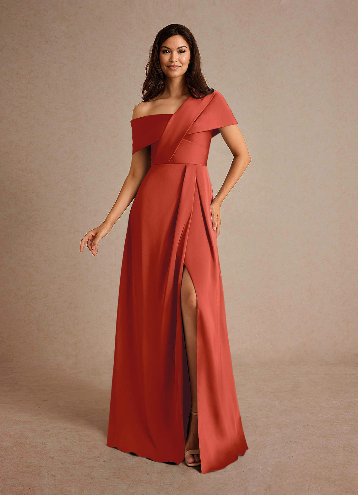 Milton A-Line One-Shoulder Stretch Satin Mother of the Bride Dress in Rust