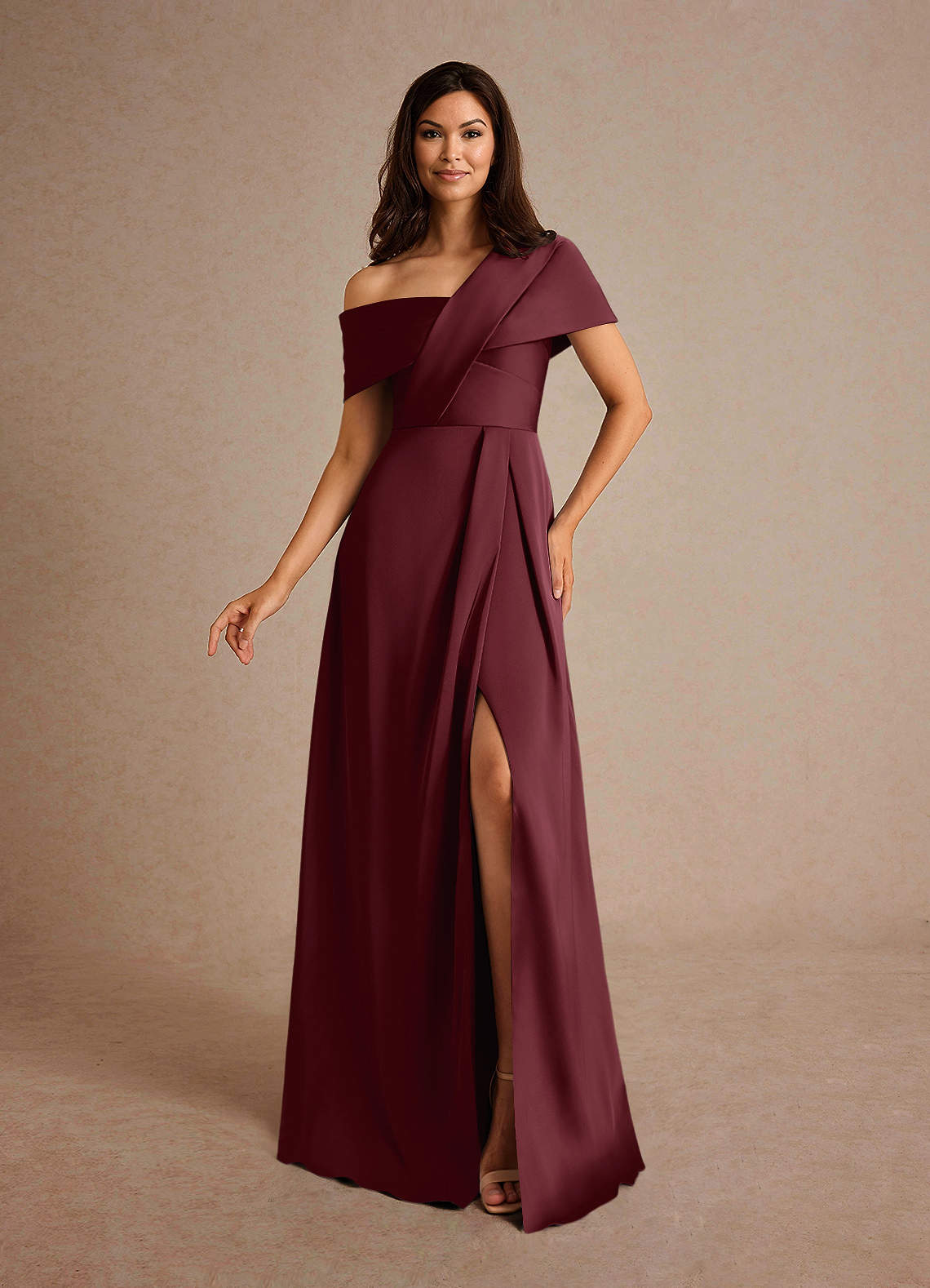 Milton A-Line One-Shoulder Stretch Satin Mother of the Bride Dress in Cabernet
