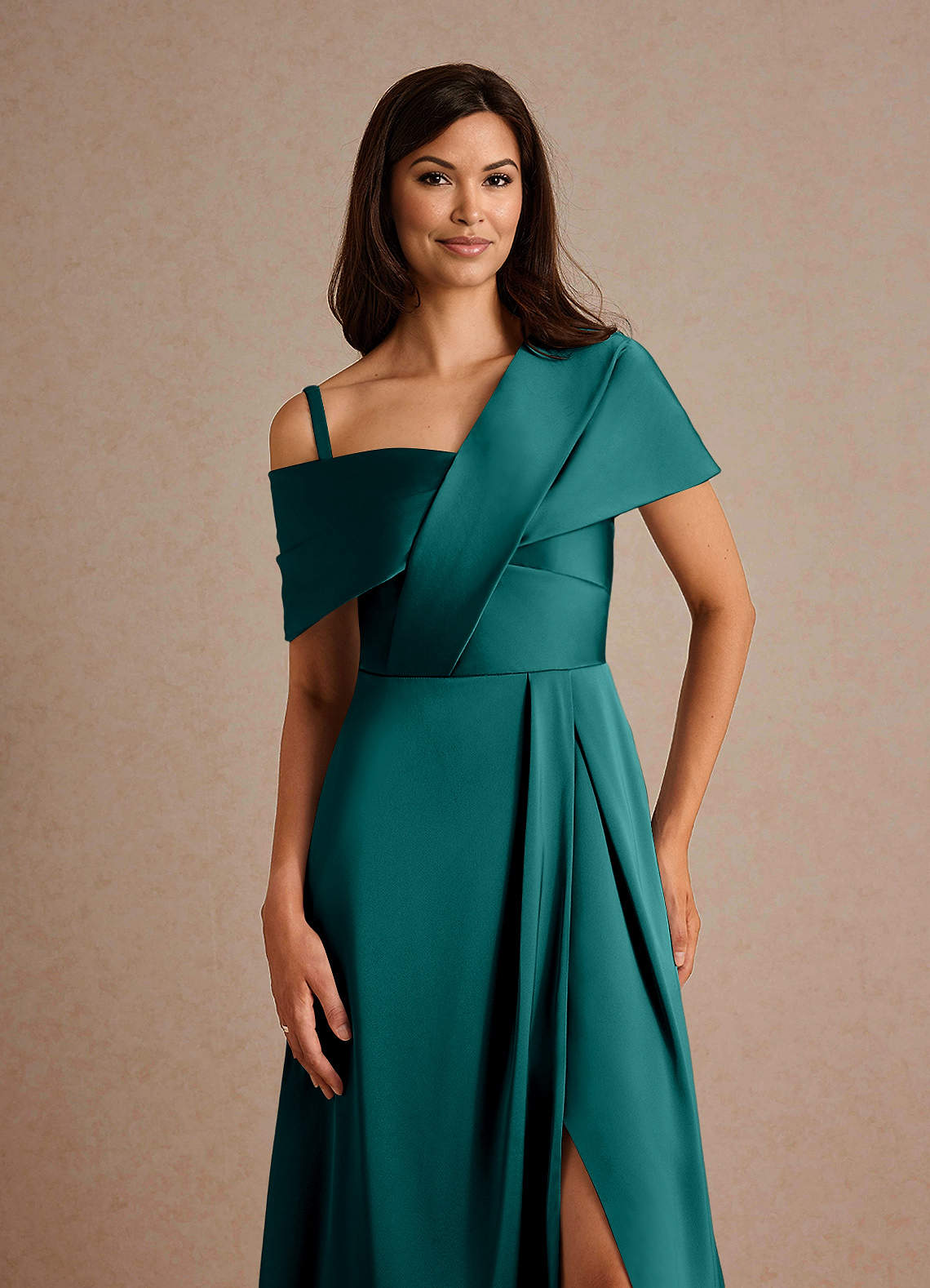 Milton A-Line One-Shoulder Stretch Satin Mother of the Bride Dress in Peacock