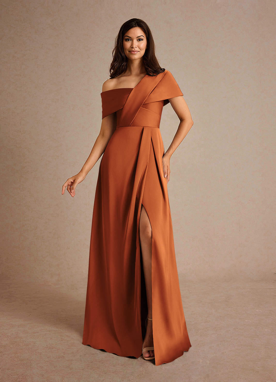 Milton A-Line One-Shoulder Stretch Satin Mother of the Bride Dress in Cinnamon