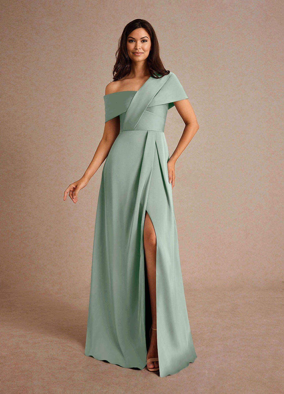 Milton A-Line One-Shoulder Stretch Satin Mother of the Bride Dress in Agave