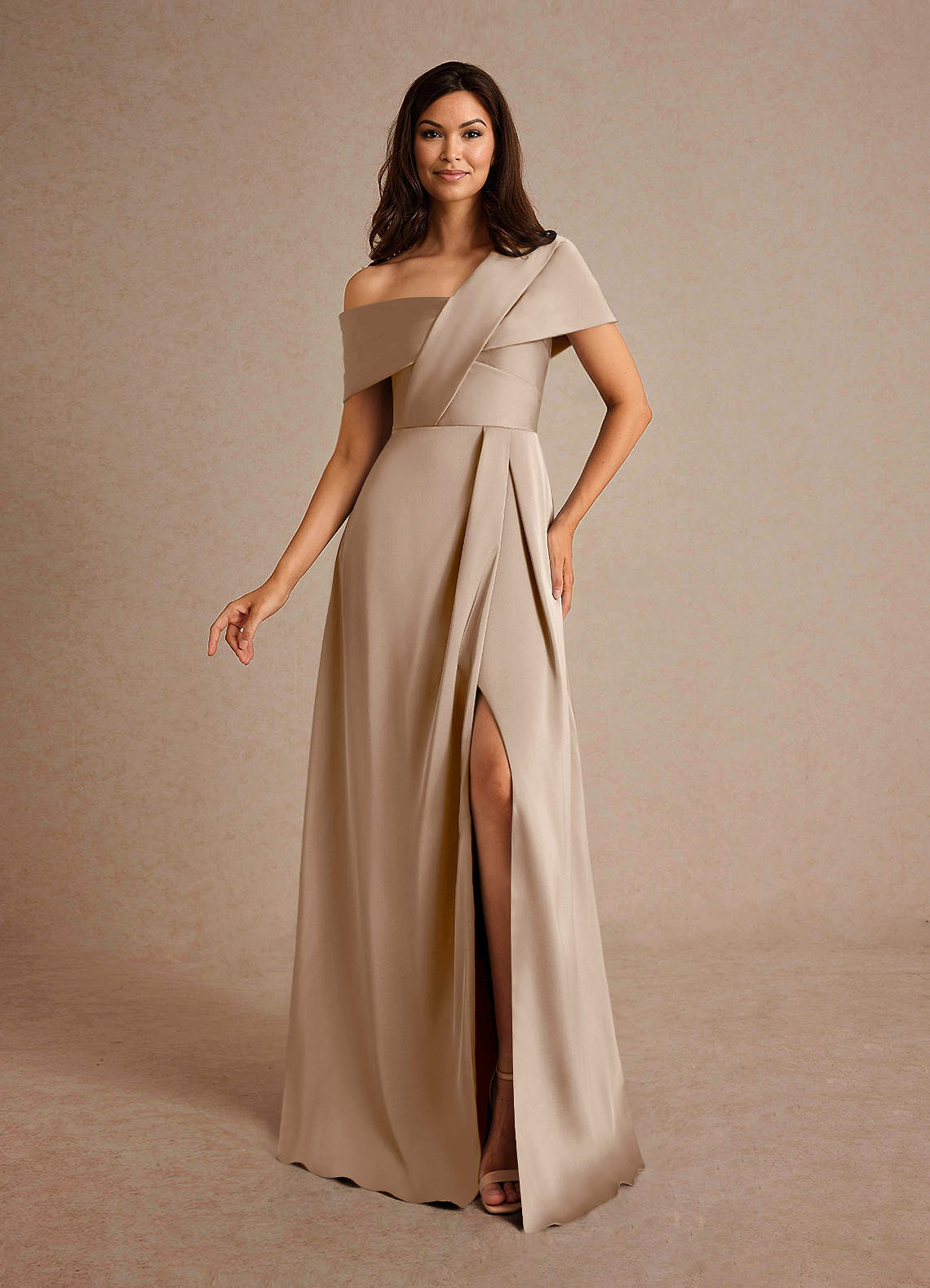 Milton A-Line One-Shoulder Stretch Satin Mother of the Bride Dress in taupe