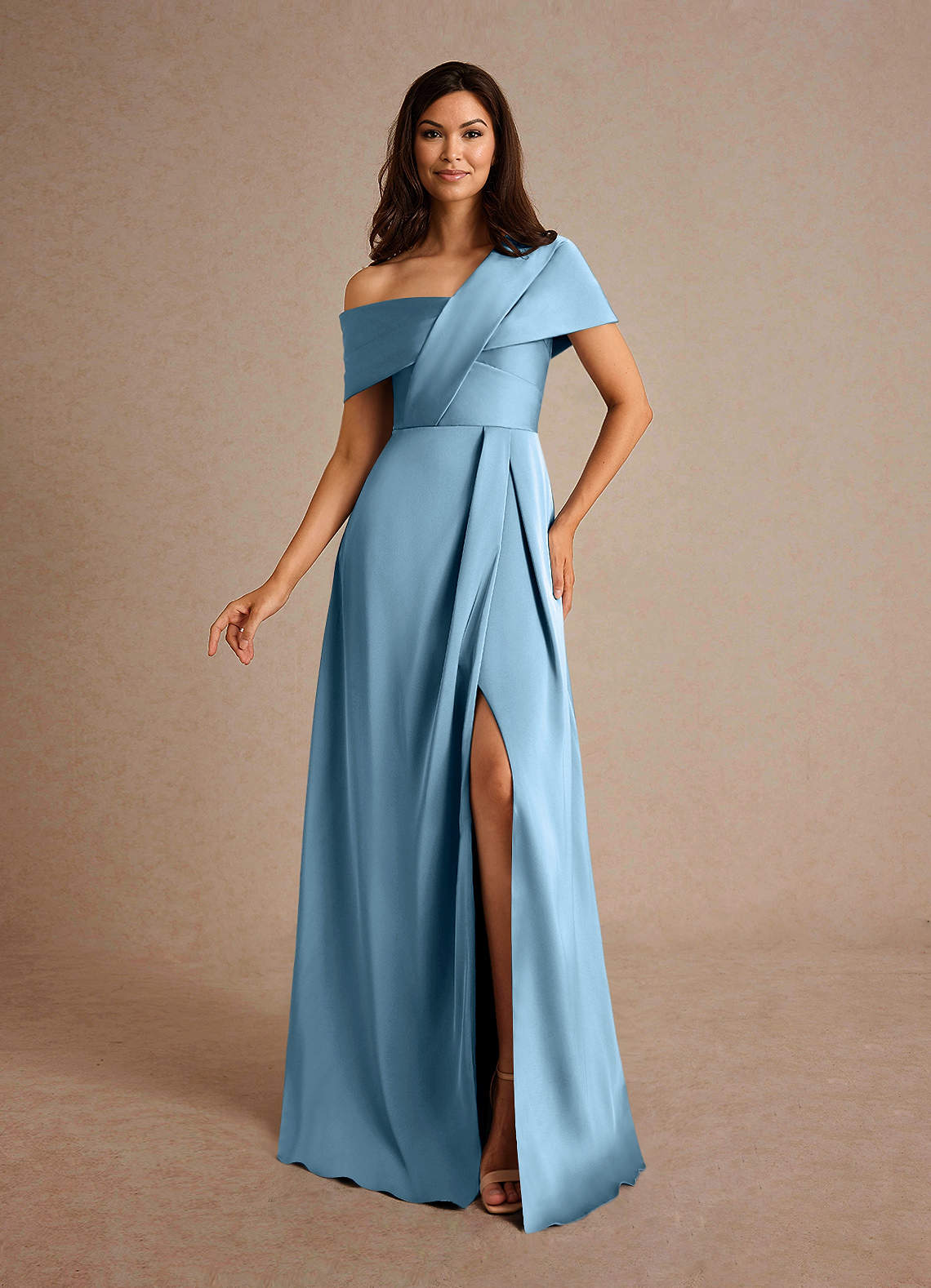 Milton A-Line One-Shoulder Stretch Satin Mother of the Bride Dress in Steel Blue
