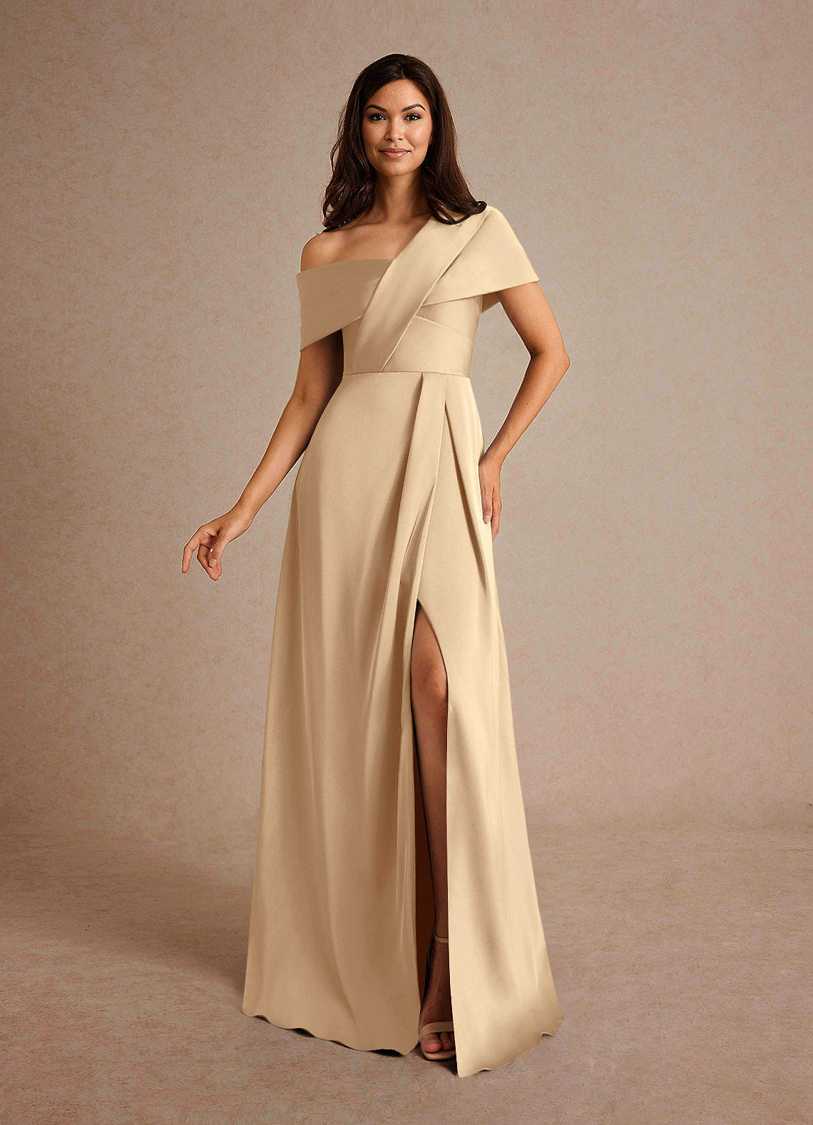 Milton A-Line One-Shoulder Stretch Satin Mother of the Bride Dress in champagne