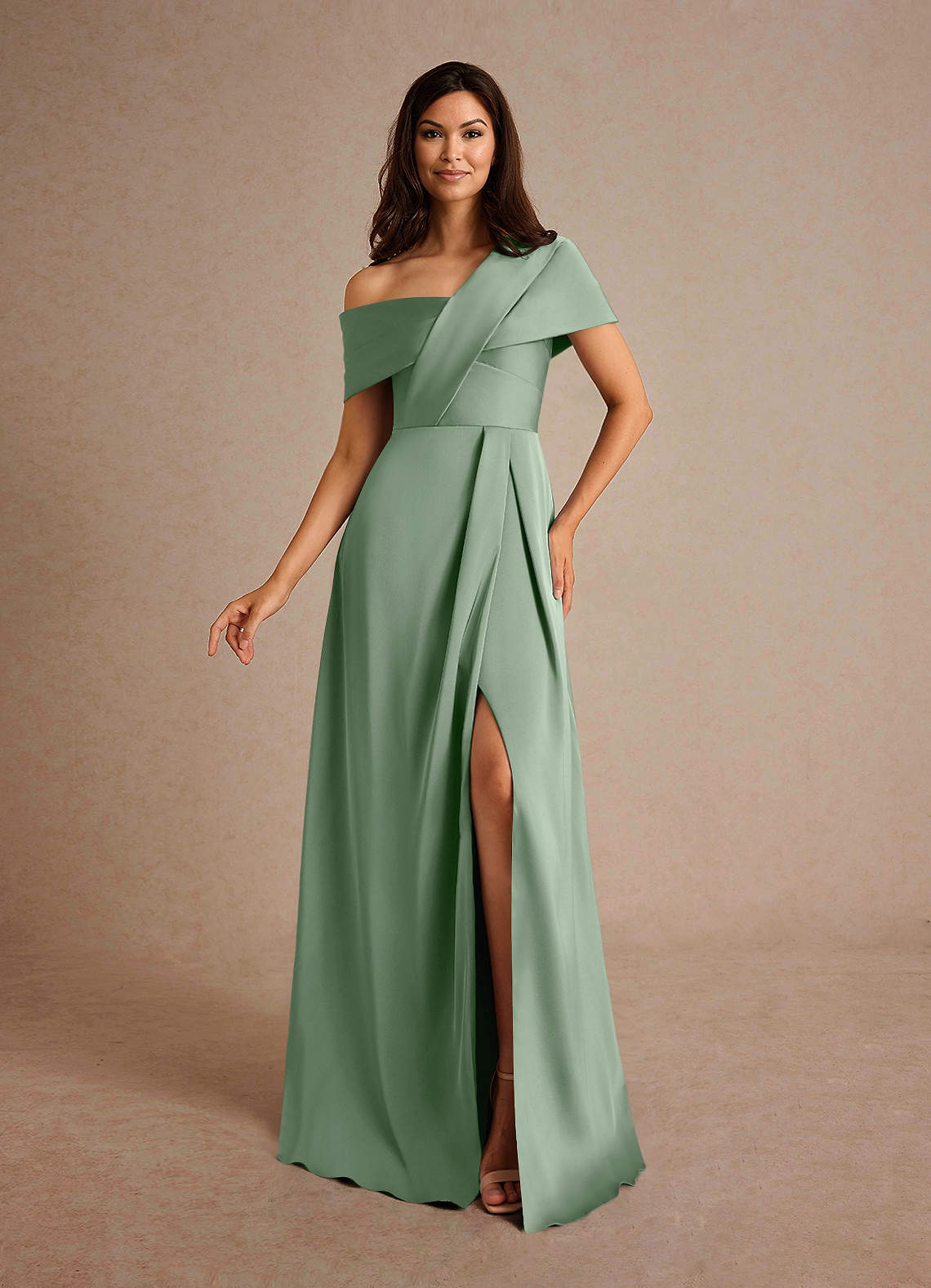 Milton A-Line One-Shoulder Stretch Satin Mother of the Bride Dress in matcha
