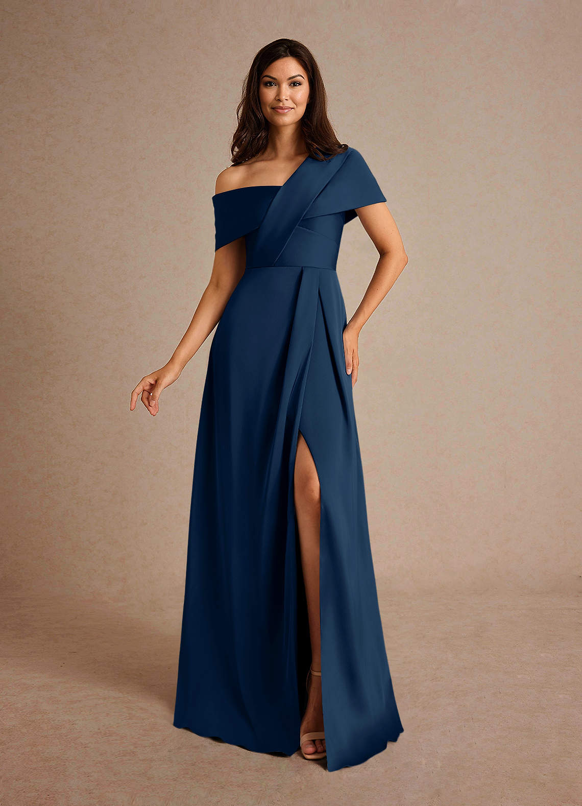 Milton A-Line One-Shoulder Stretch Satin Mother of the Bride Dress in Dark Navy