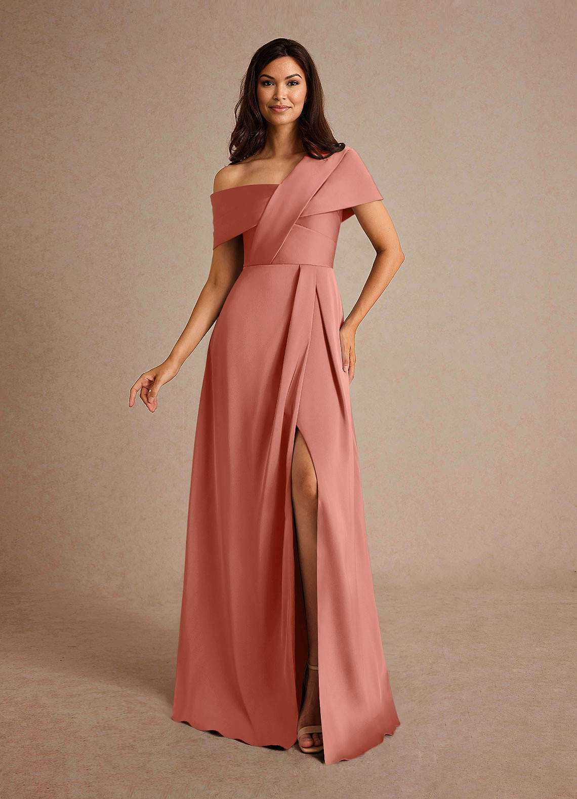 Milton A-Line One-Shoulder Stretch Satin Mother of the Bride Dress in Antique Rose