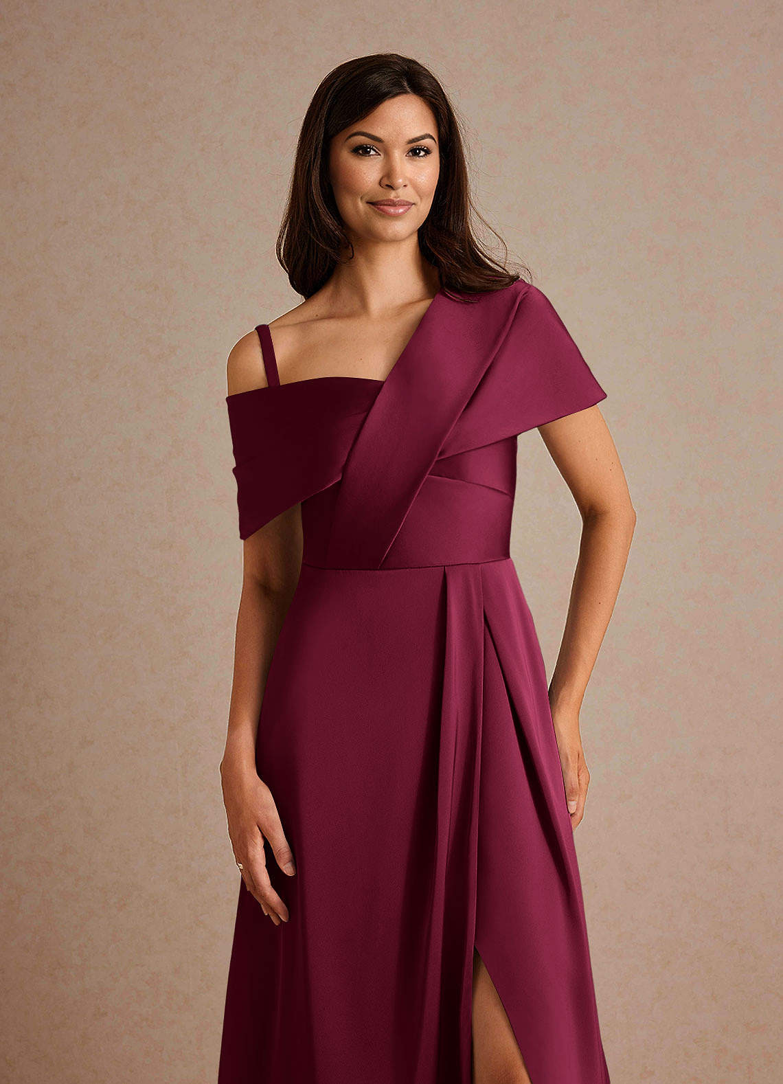 Milton A-Line One-Shoulder Stretch Satin Mother of the Bride Dress in Burgundy