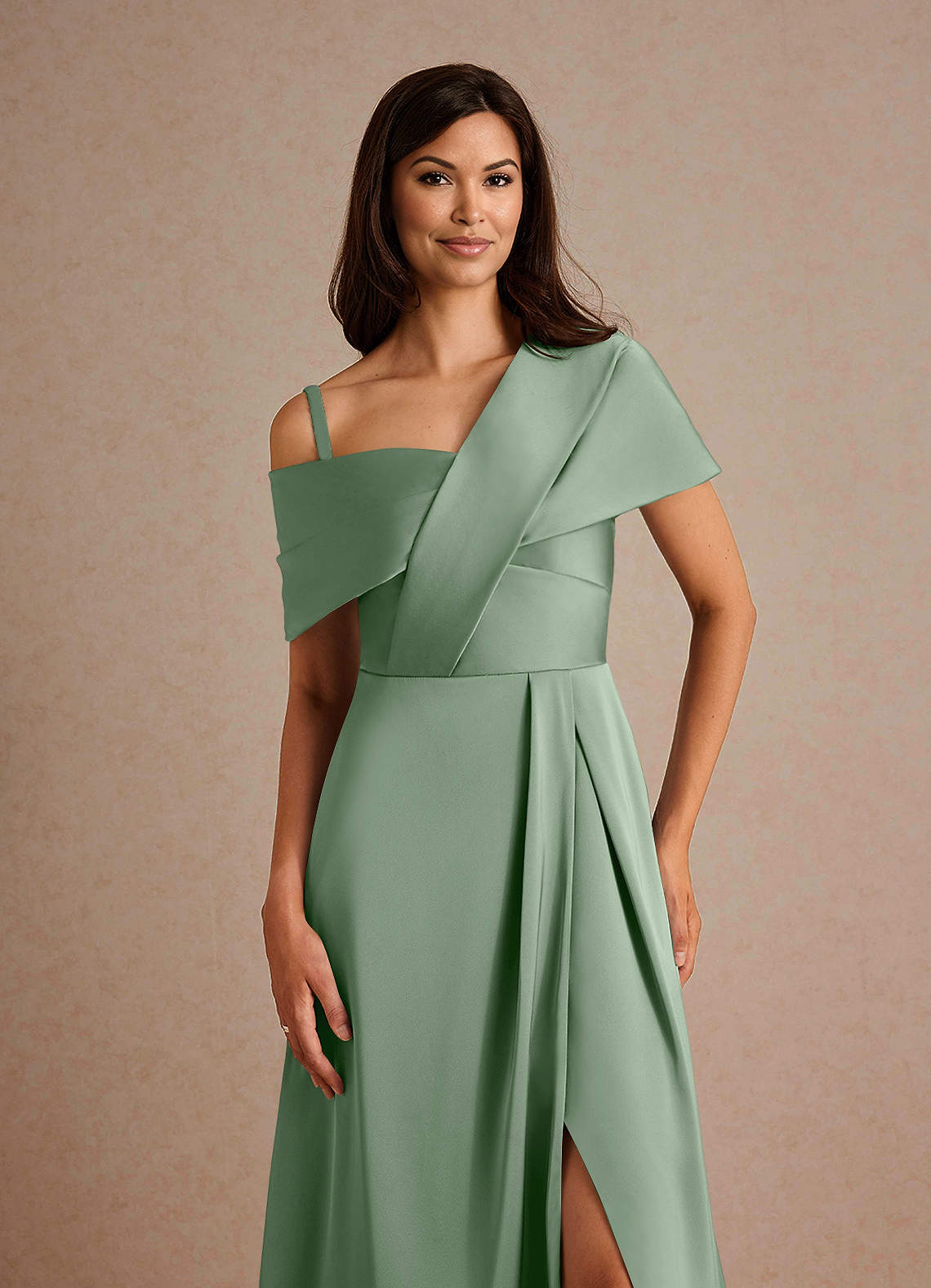 Milton A-Line One-Shoulder Stretch Satin Mother of the Bride Dress in matcha