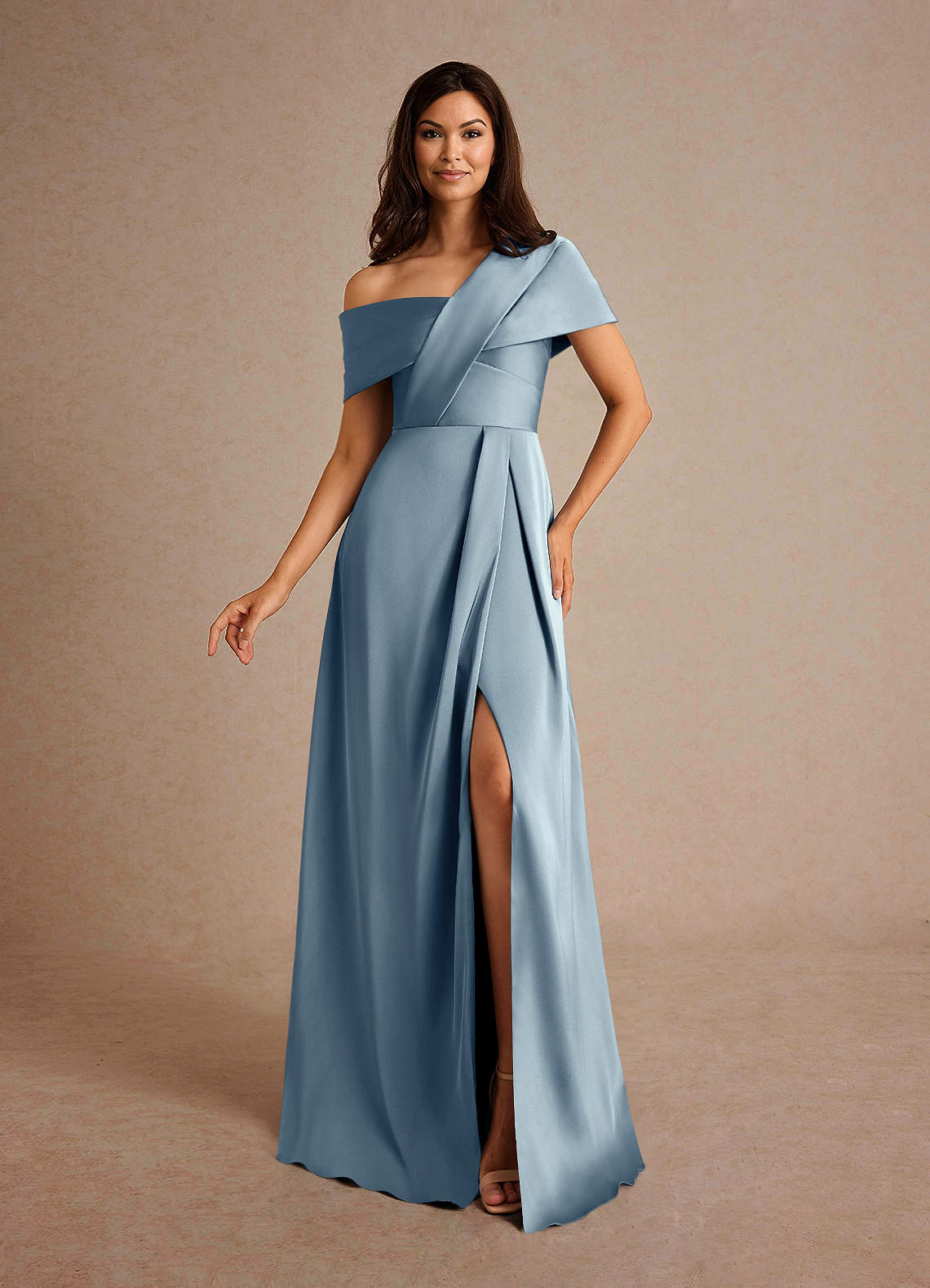 Milton A-Line One-Shoulder Stretch Satin Mother of the Bride Dress in dusty blue