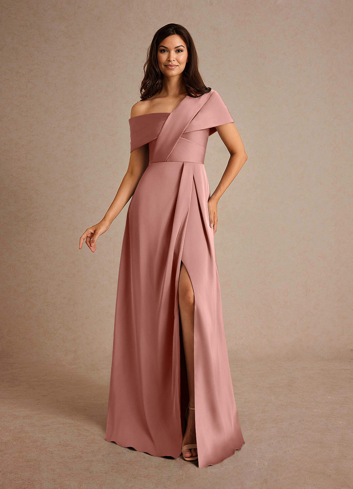Milton A-Line One-Shoulder Stretch Satin Mother of the Bride Dress in Salmon Pink