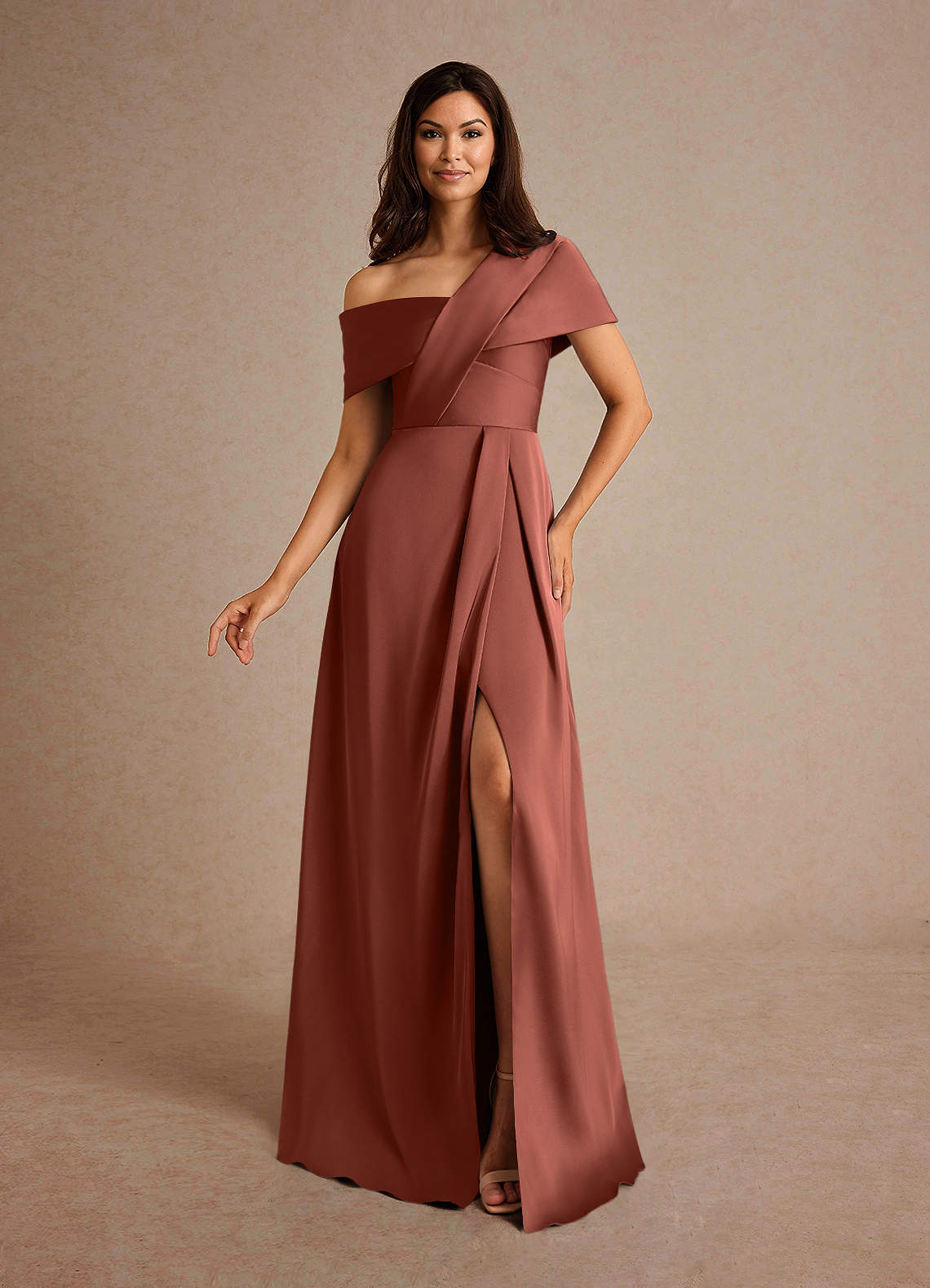 Milton A-Line One-Shoulder Stretch Satin Mother of the Bride Dress in Auburn