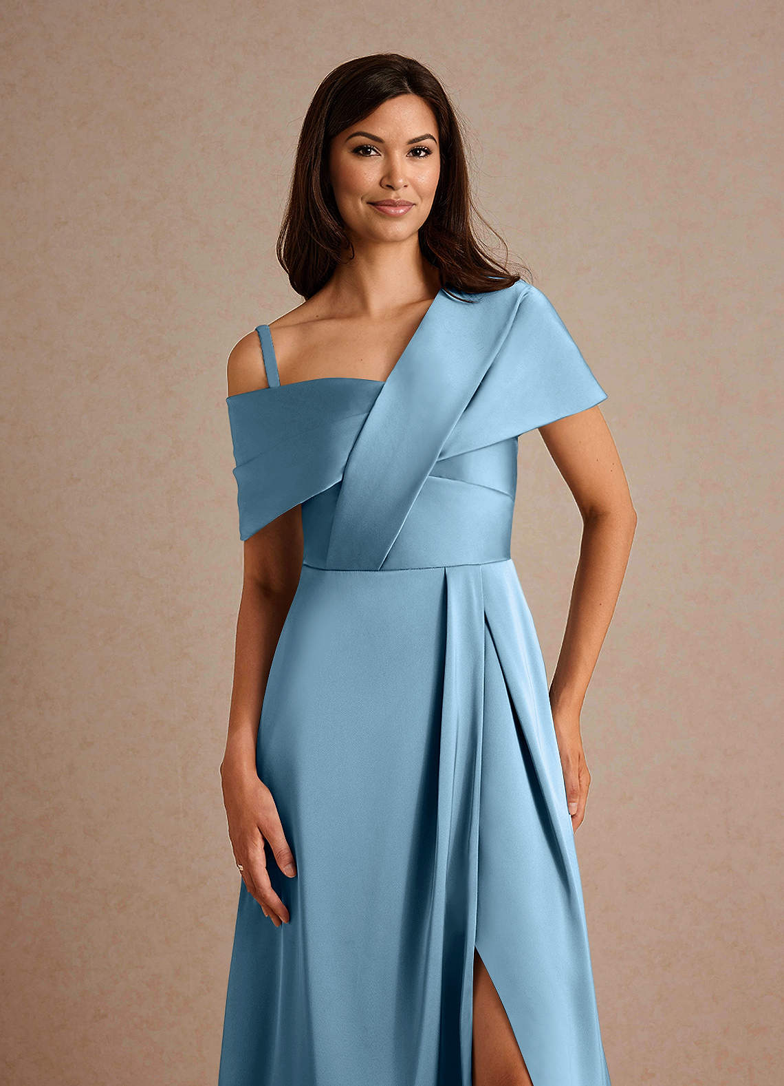 Milton A-Line One-Shoulder Stretch Satin Mother of the Bride Dress in Steel Blue