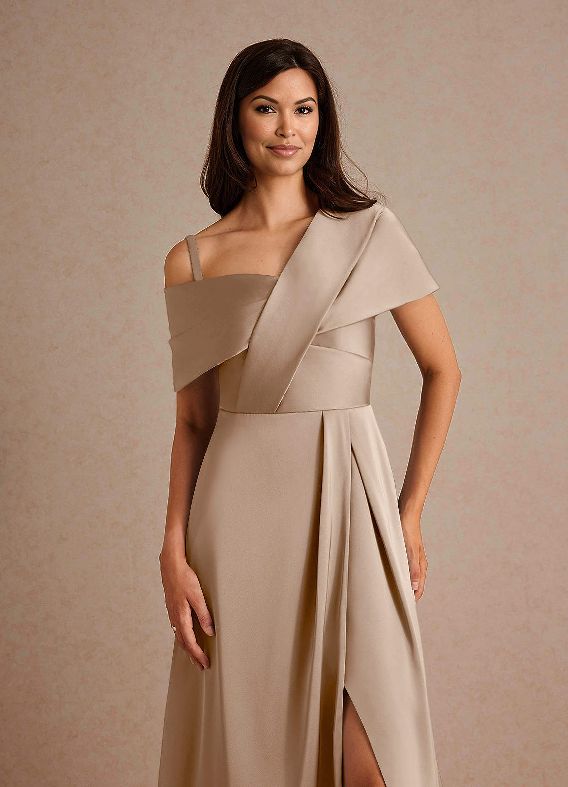 Milton A-Line One-Shoulder Stretch Satin Mother of the Bride Dress in taupe