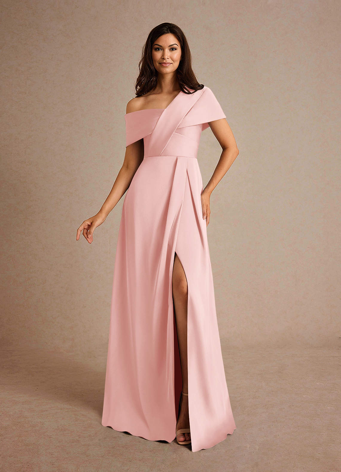 Milton A-Line One-Shoulder Stretch Satin Mother of the Bride Dress in Powder Pink