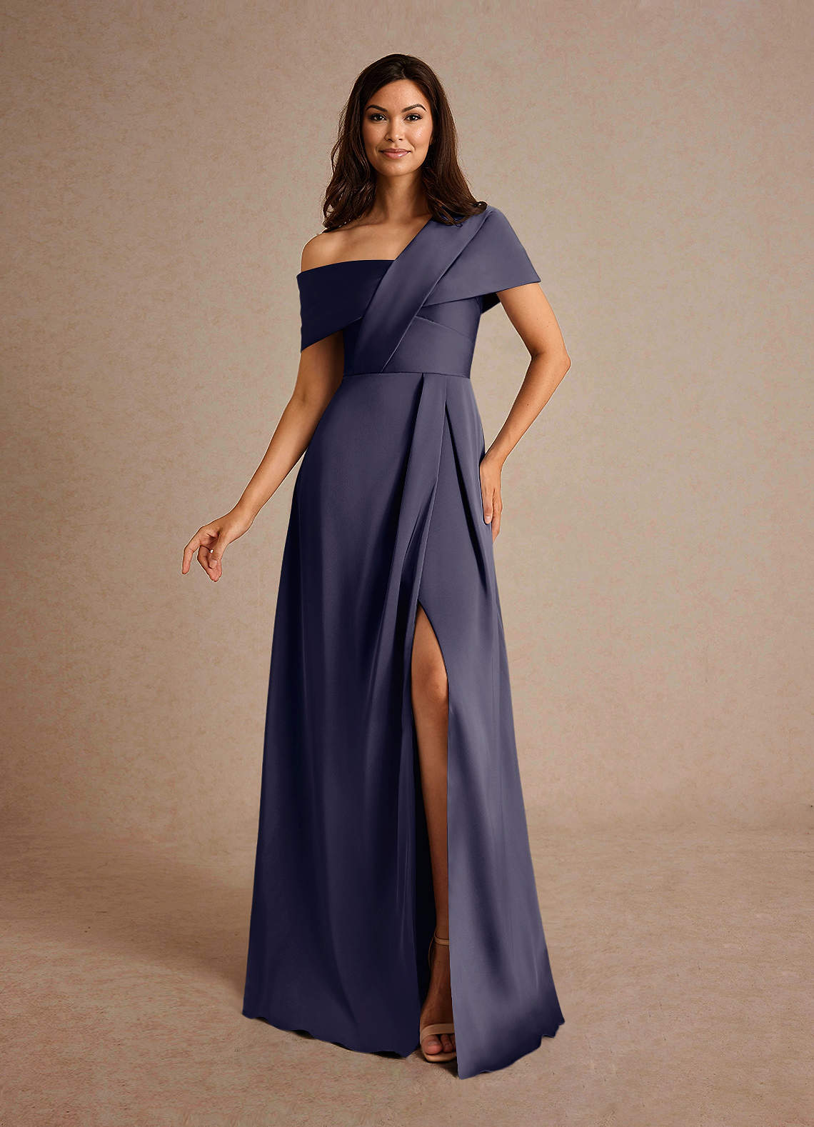 Milton A-Line One-Shoulder Stretch Satin Mother of the Bride Dress in Stormy