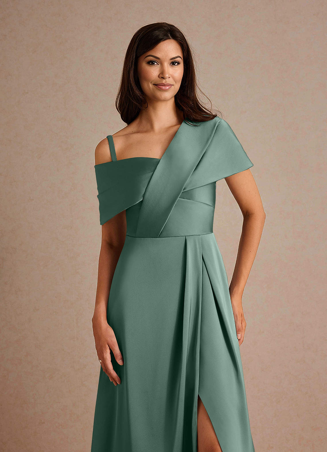 Milton A-Line One-Shoulder Stretch Satin Mother of the Bride Dress in eucalyptus
