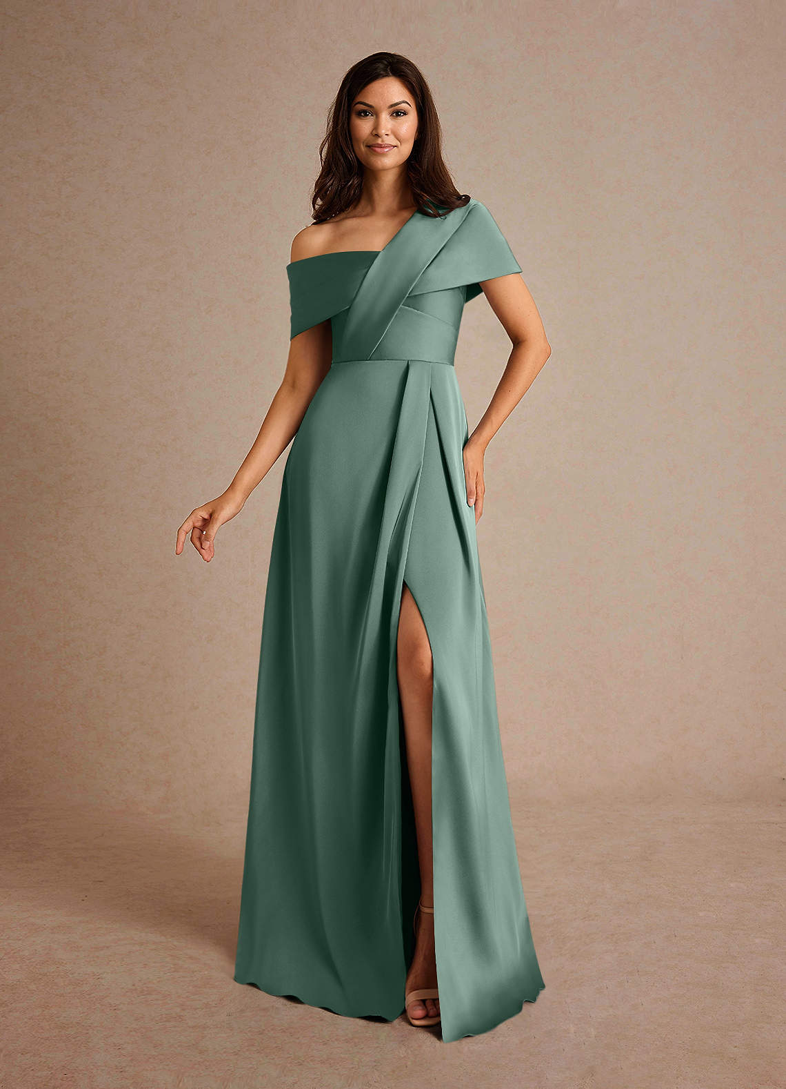 Milton A-Line One-Shoulder Stretch Satin Mother of the Bride Dress in eucalyptus