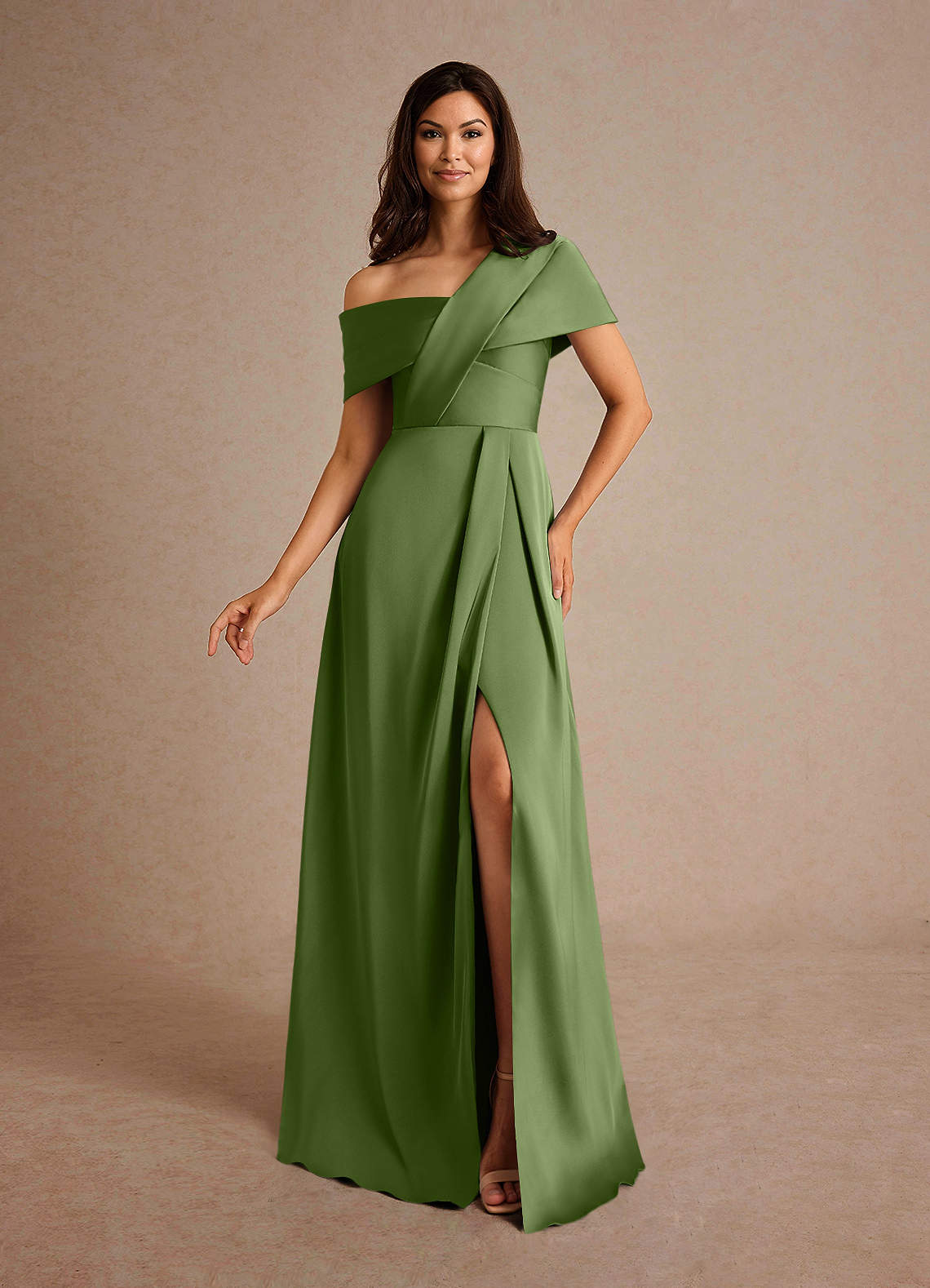Milton A-Line One-Shoulder Stretch Satin Mother of the Bride Dress in Juniper