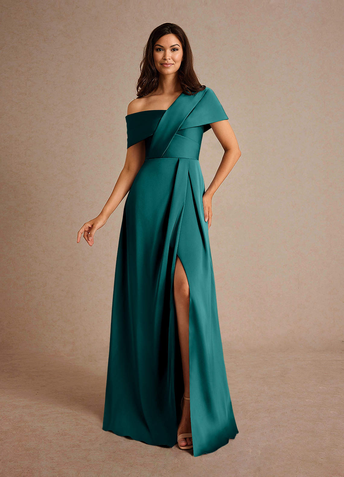 Milton A-Line One-Shoulder Stretch Satin Mother of the Bride Dress in Peacock