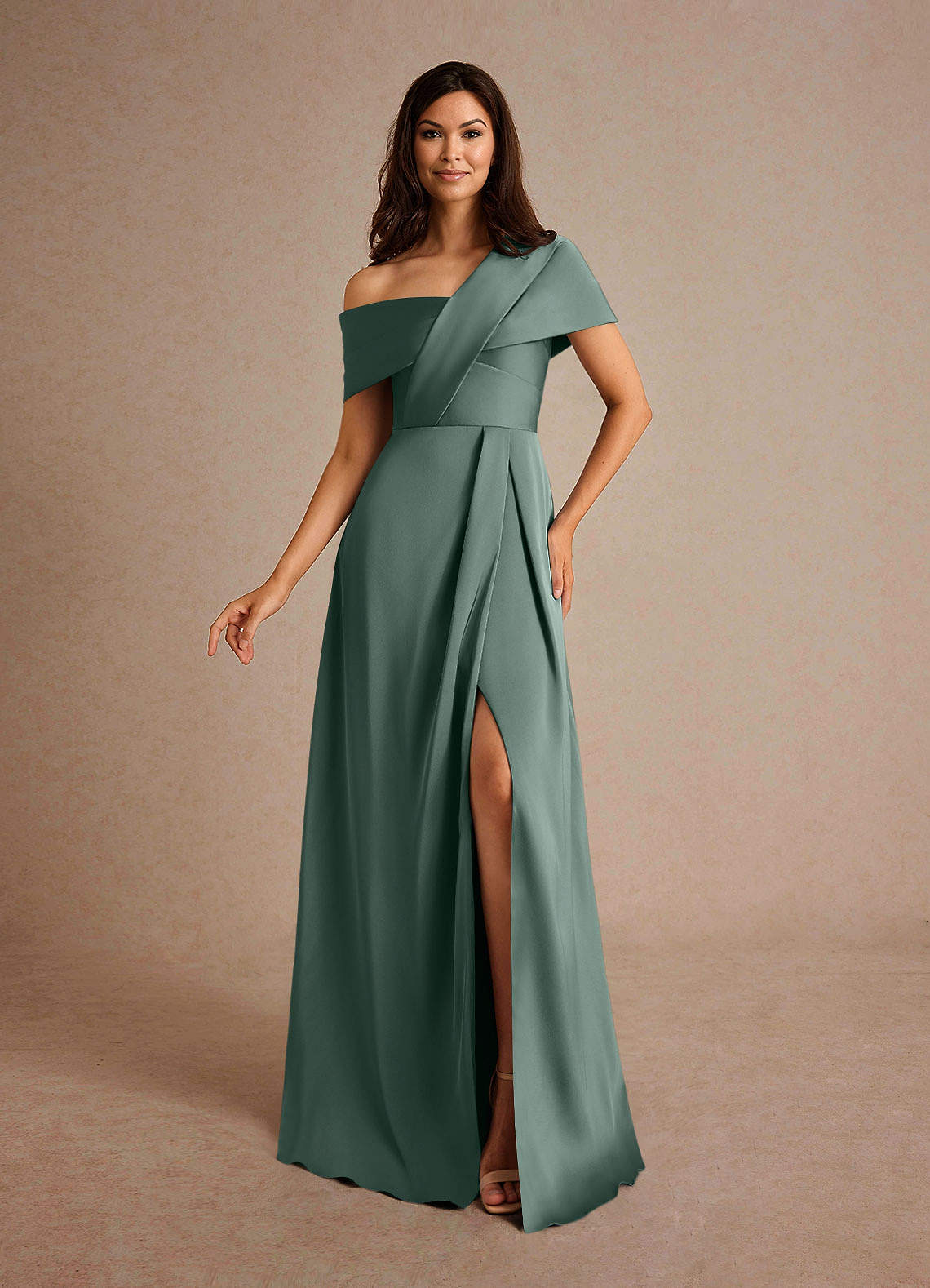 Milton A-Line One-Shoulder Stretch Satin Mother of the Bride Dress in Sea Moss