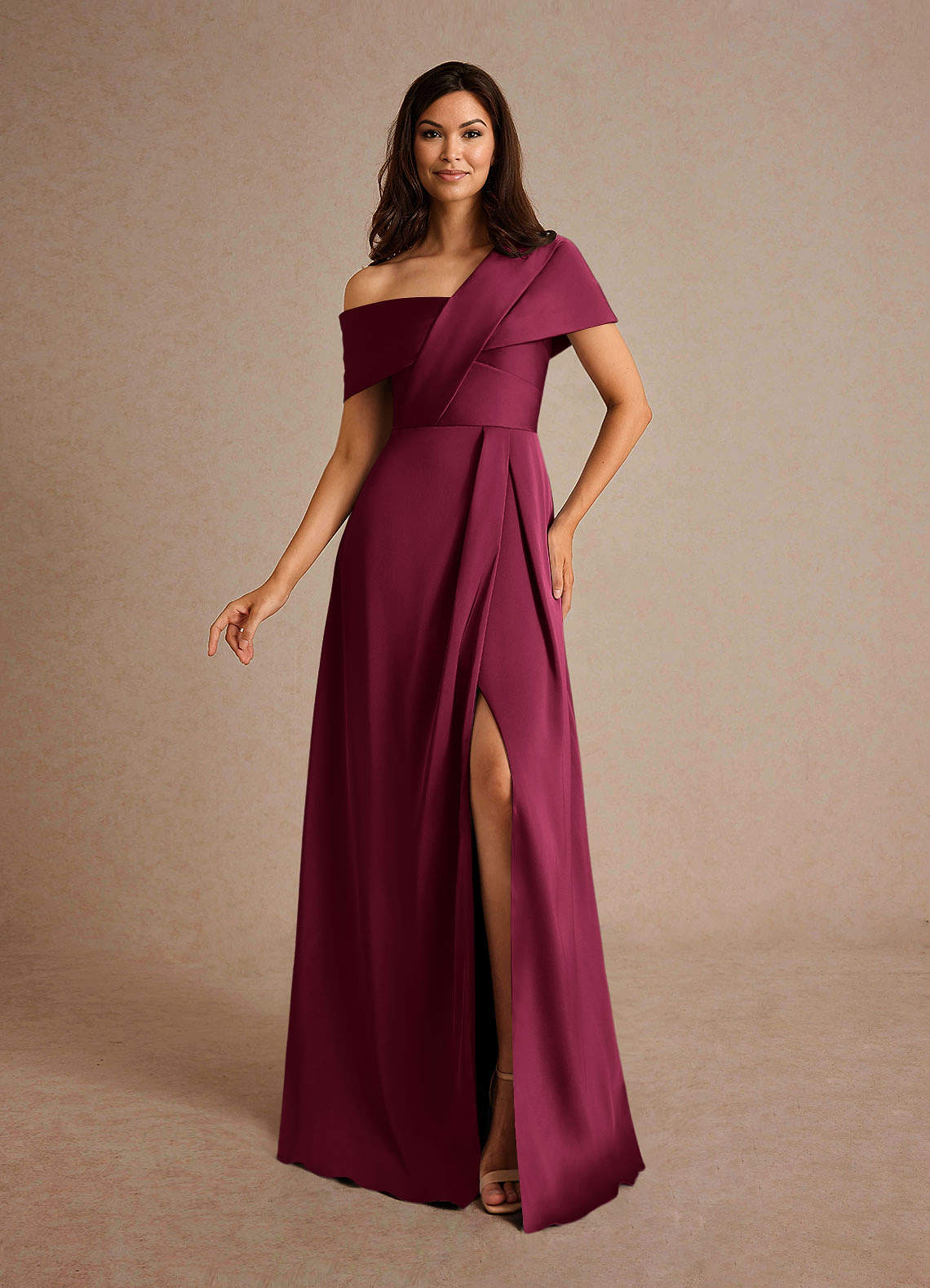 Milton A-Line One-Shoulder Stretch Satin Mother of the Bride Dress in Burgundy