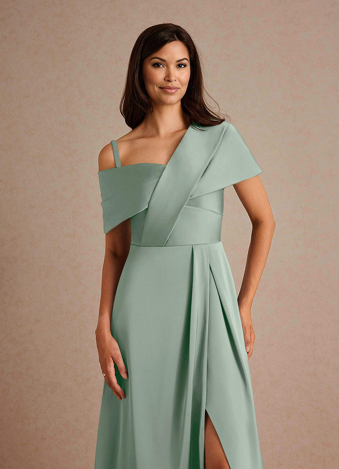 Milton A-Line One-Shoulder Stretch Satin Mother of the Bride Dress in Agave