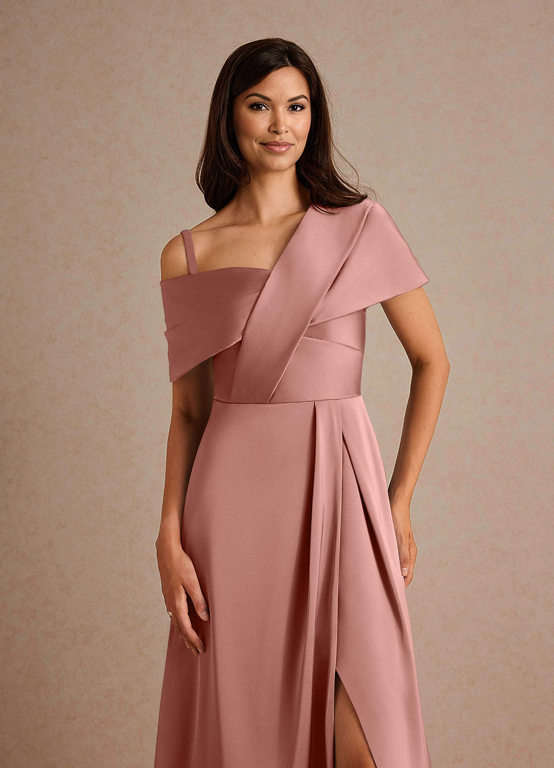 Milton A-Line One-Shoulder Stretch Satin Mother of the Bride Dress in Salmon Pink