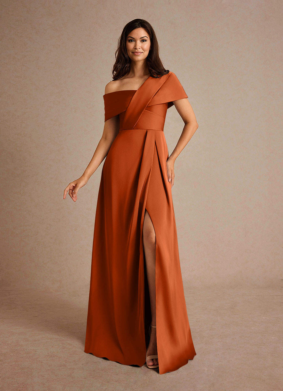 Milton A-Line One-Shoulder Stretch Satin Mother of the Bride Dress in Burnt Orange