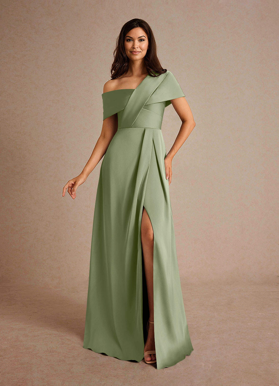 Milton A-Line One-Shoulder Stretch Satin Mother of the Bride Dress in Pistachio
