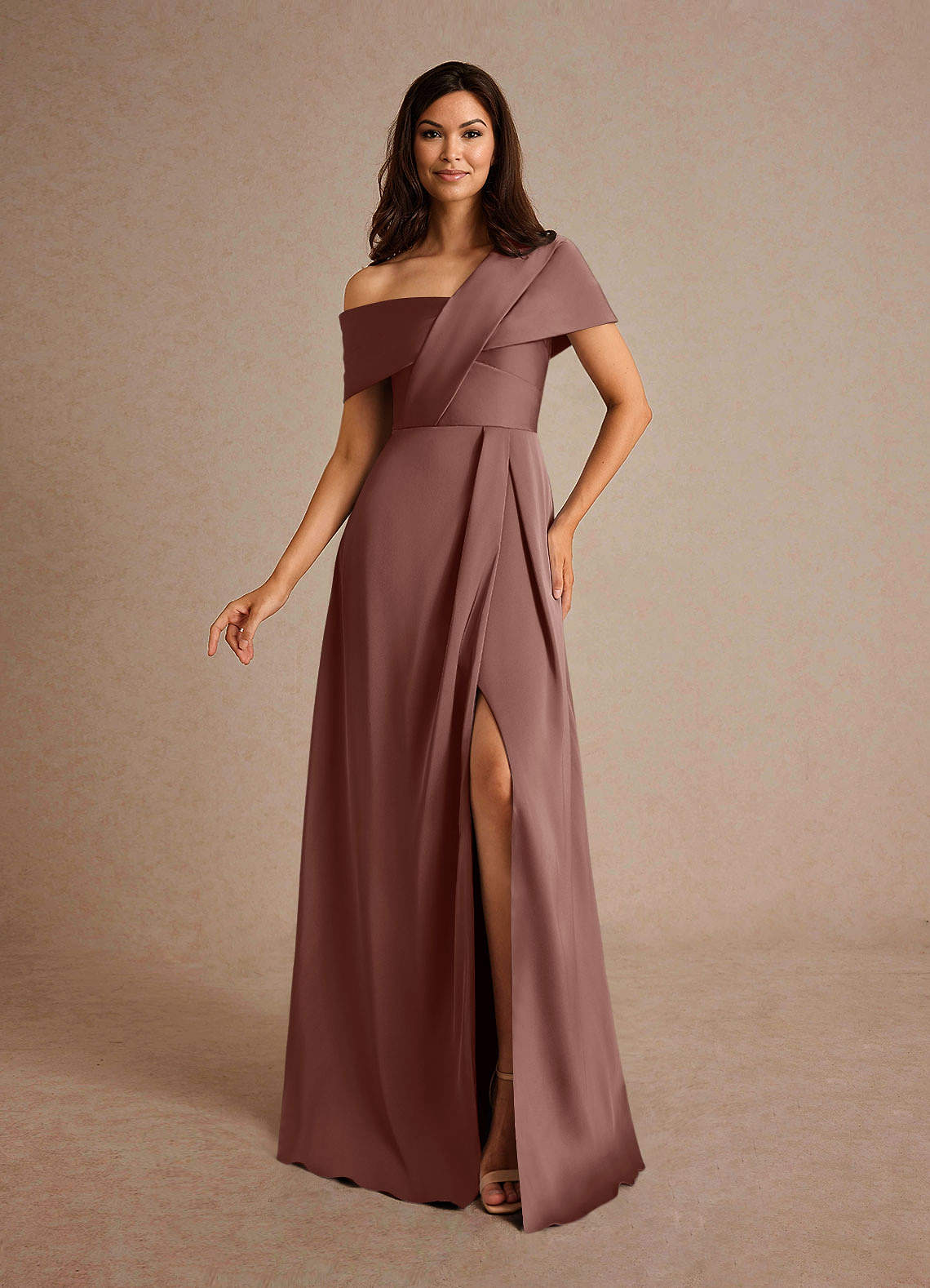 Milton A-Line One-Shoulder Stretch Satin Mother of the Bride Dress in Espresso
