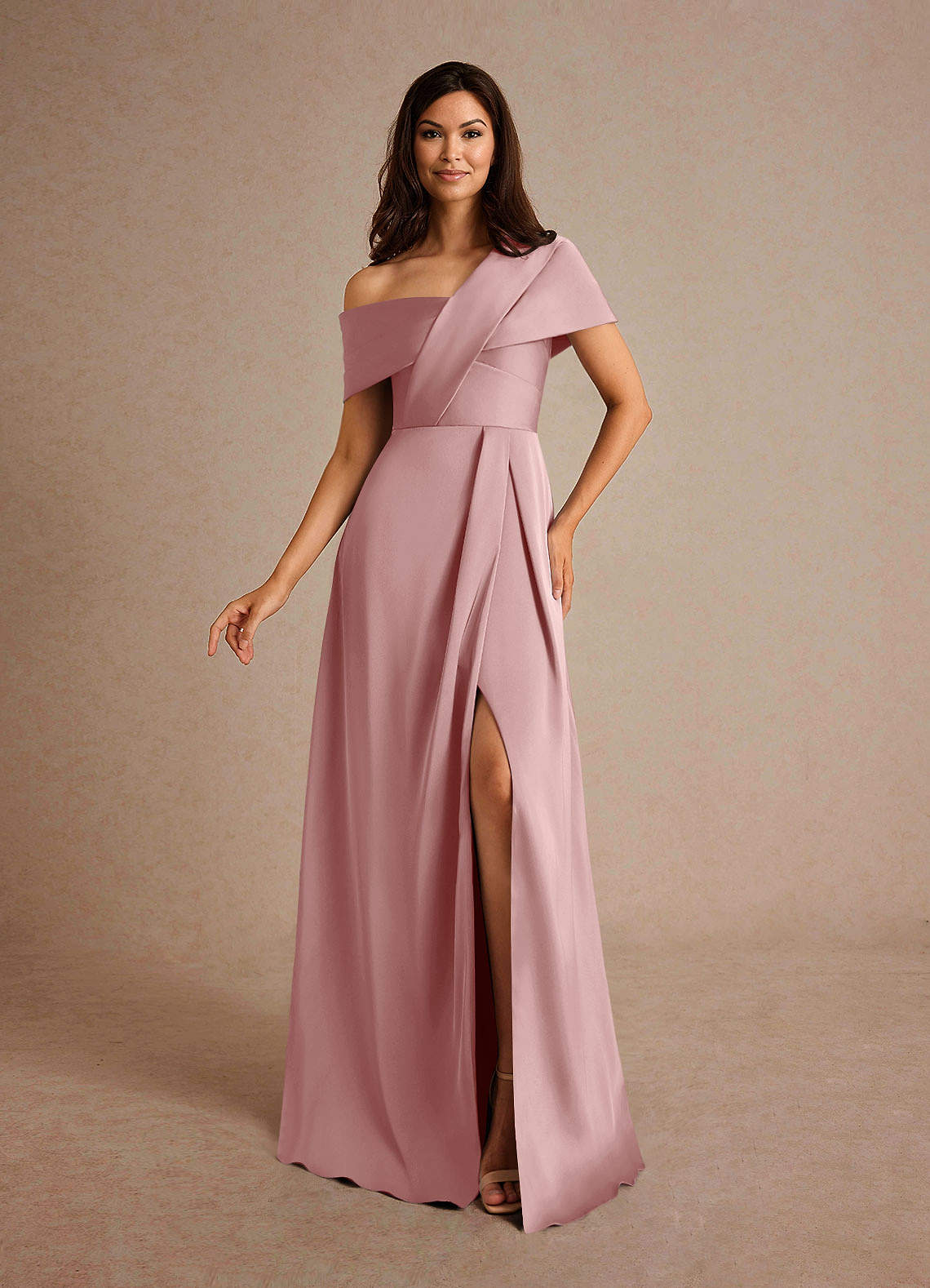 Milton A-Line One-Shoulder Stretch Satin Mother of the Bride Dress in Dusty Rose