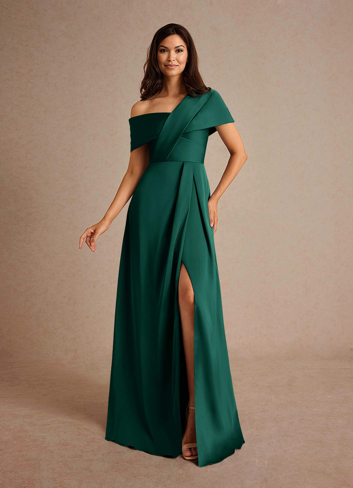 Milton A-Line One-Shoulder Stretch Satin Mother of the Bride Dress in Emerald