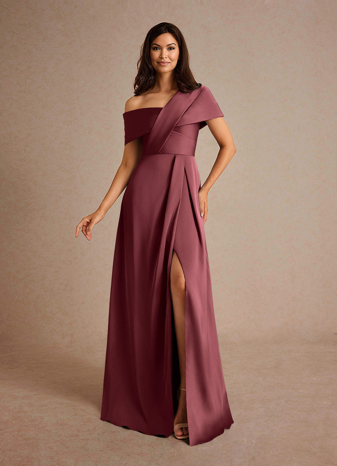Milton A-Line One-Shoulder Stretch Satin Mother of the Bride Dress in Merlot