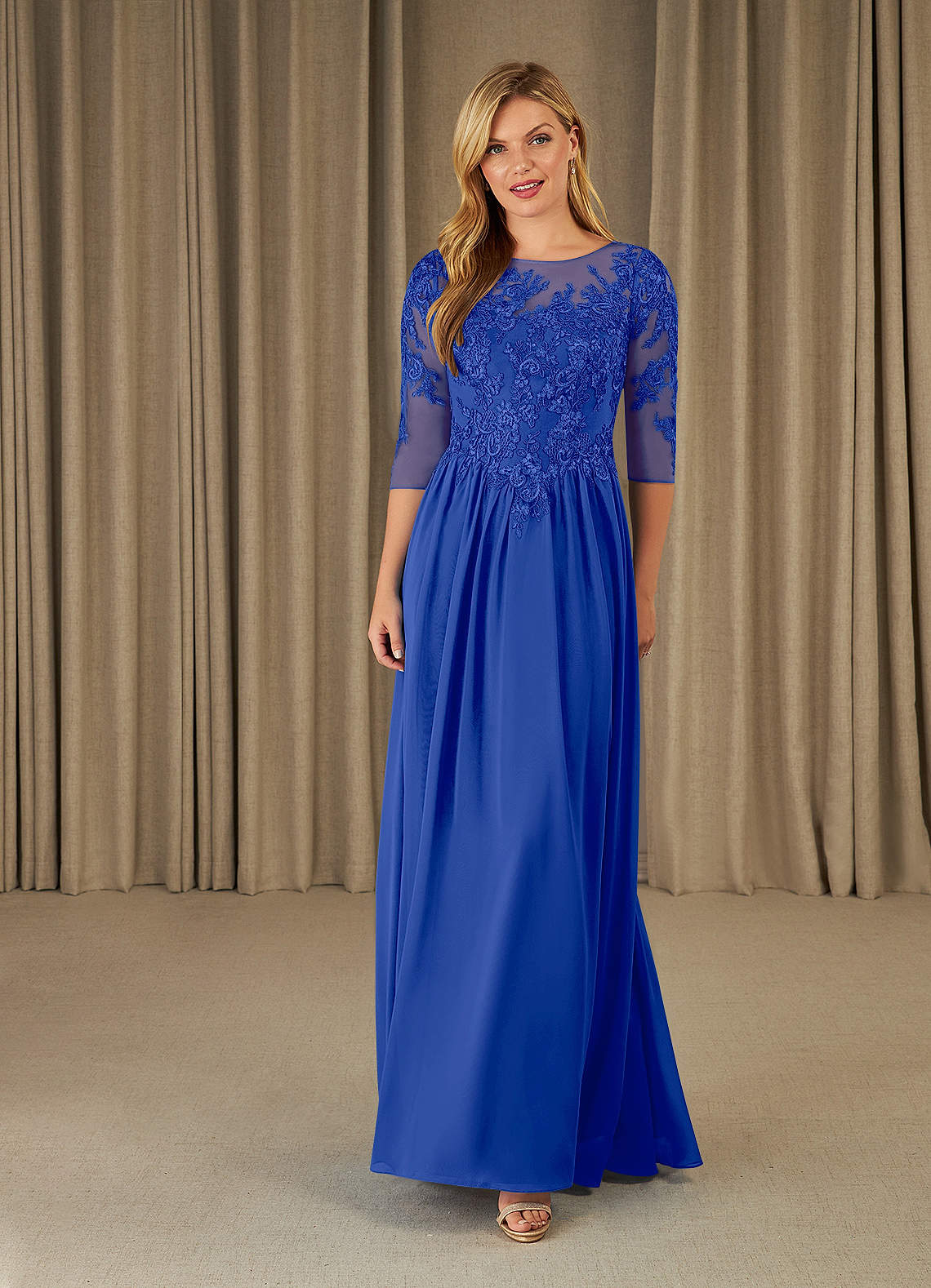 Mirielle A-Line Scoop-Neck Chiffon and Lace Mother of the Bride Dress in Royal Blue