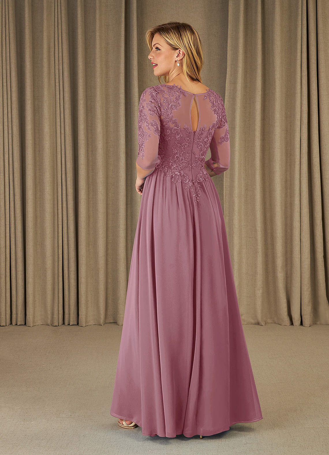 Mirielle A-Line Scoop-Neck Chiffon and Lace Mother of the Bride Dress in Desert Rose