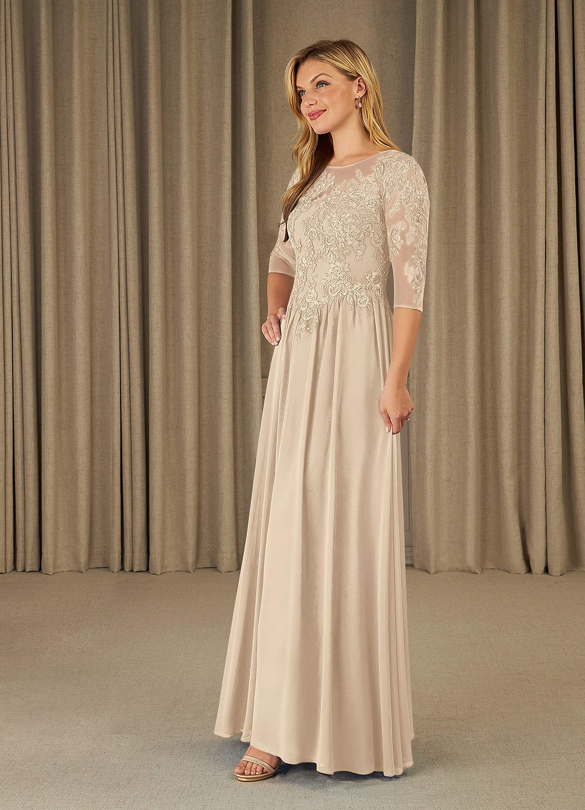 Mirielle A-Line Scoop-Neck Chiffon and Lace Mother of the Bride Dress in taupe
