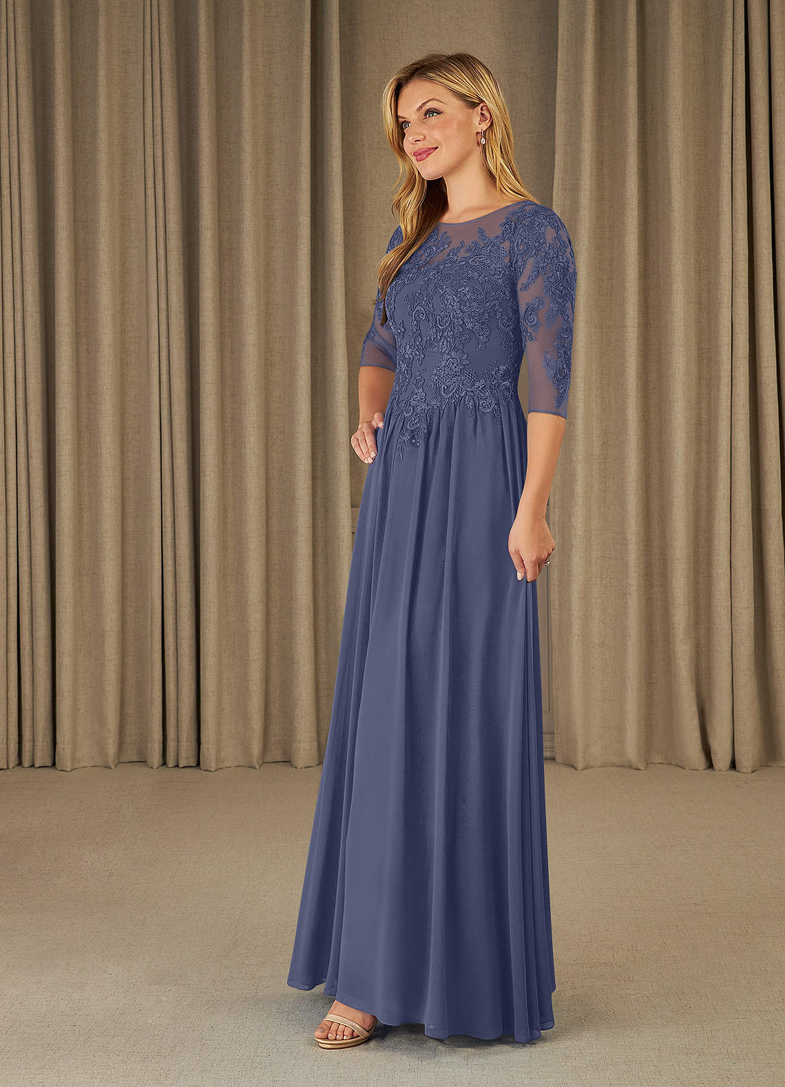 Mirielle A-Line Scoop-Neck Chiffon and Lace Mother of the Bride Dress in Stormy