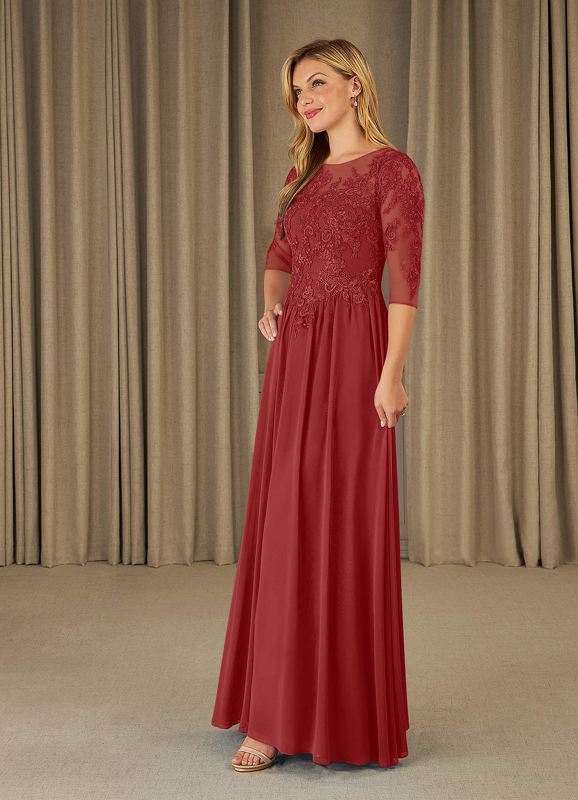 Mirielle A-Line Scoop-Neck Chiffon and Lace Mother of the Bride Dress in Burgundy
