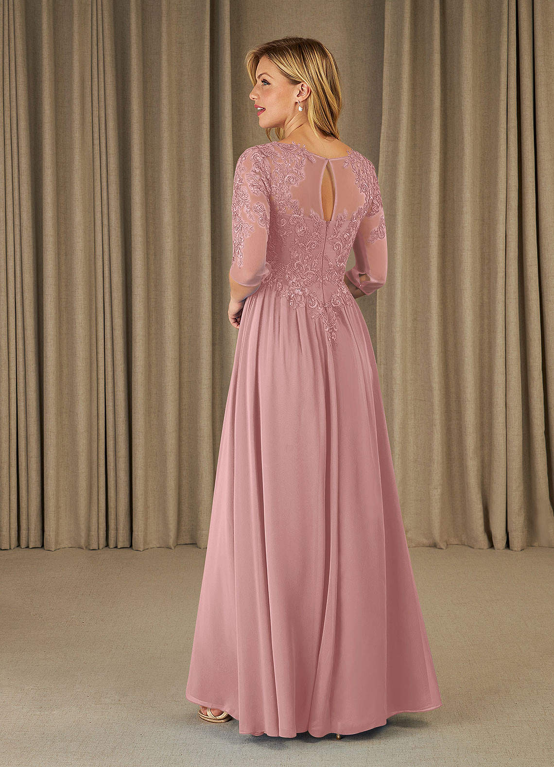 Mirielle A-Line Scoop-Neck Chiffon and Lace Mother of the Bride Dress in Dusty Rose